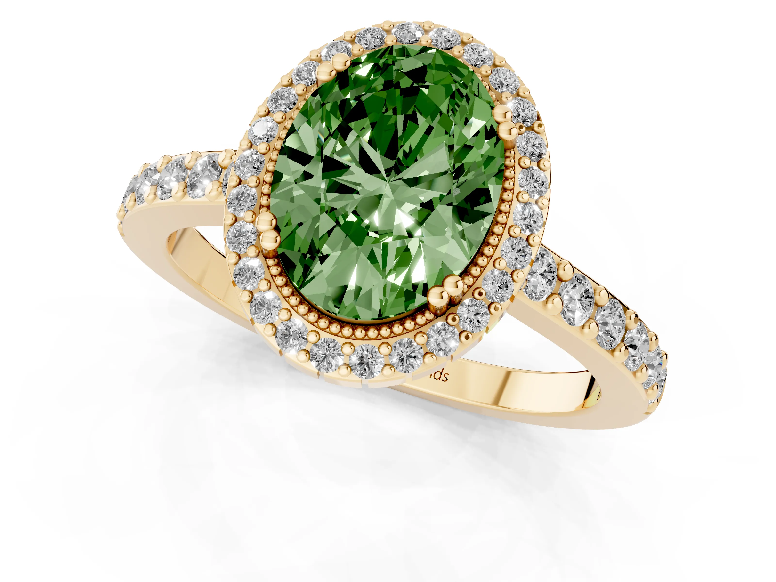 Fancy Green Oval Cut Diamond Halo Engagement Ring Set in Yellow gold with Milgrain Detail and Pavé Band