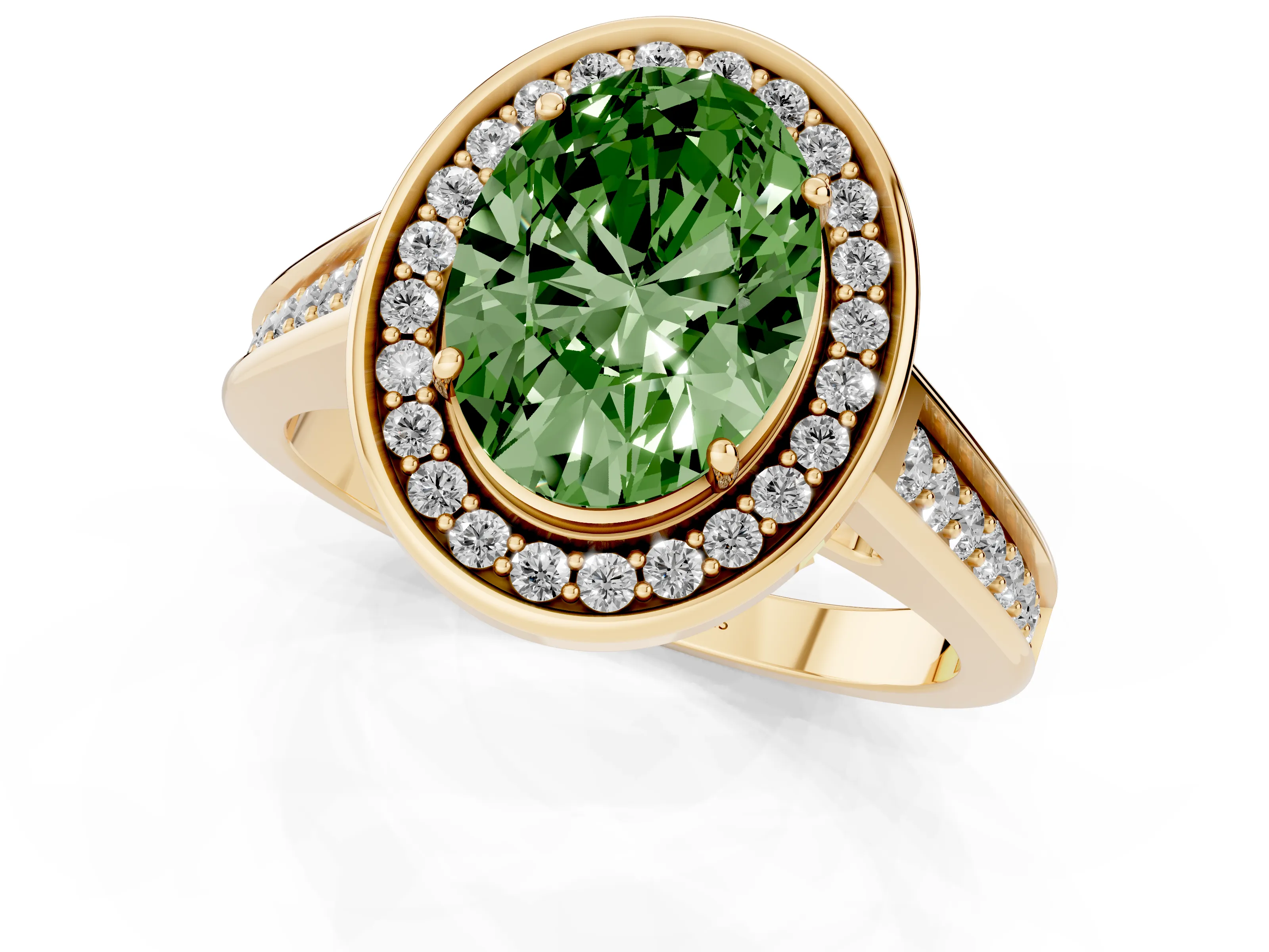 Fancy Green Oval Cut Diamond Halo Solitaire Ring Set in Yellow gold with Pavé Band and Bezel Setting