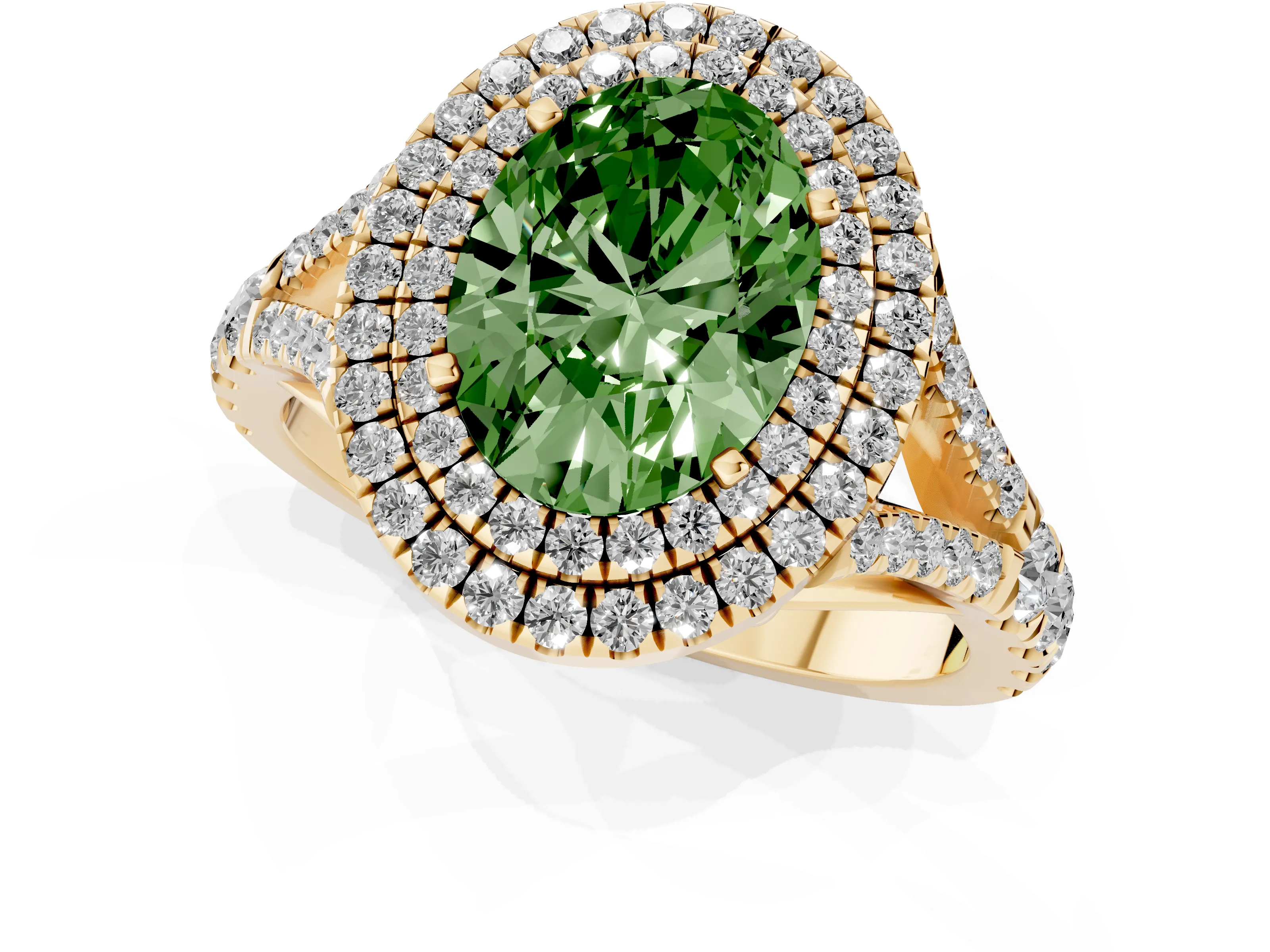 Fancy Green Oval Cut Diamond Pavé Split Shank Double Halo Engagement Ring Set in Yellow gold