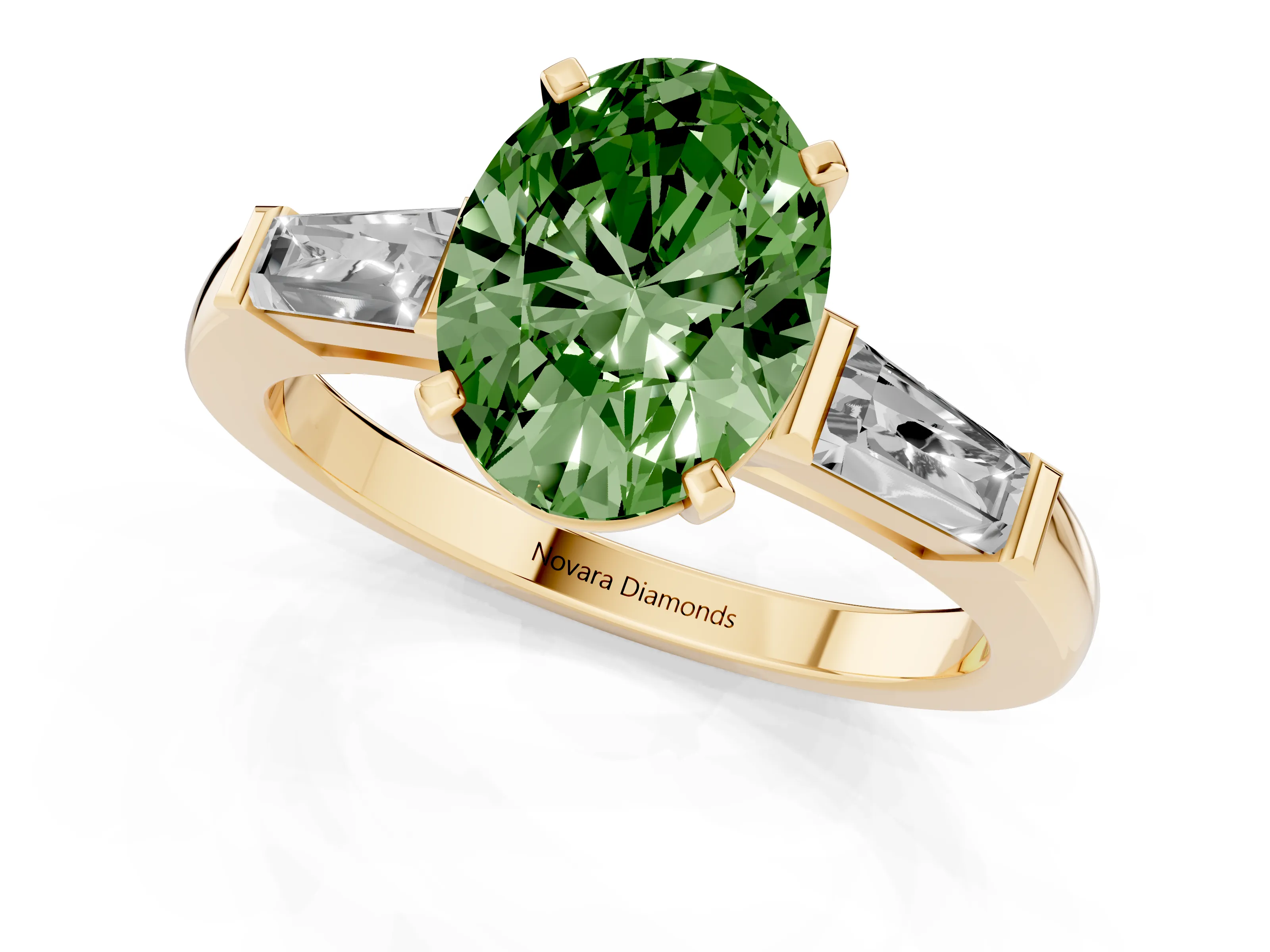 Fancy Green Oval Cut Diamond Solitaire Ring Set in Yellow gold with Tapered Baguette Side Stones and Prong Setting