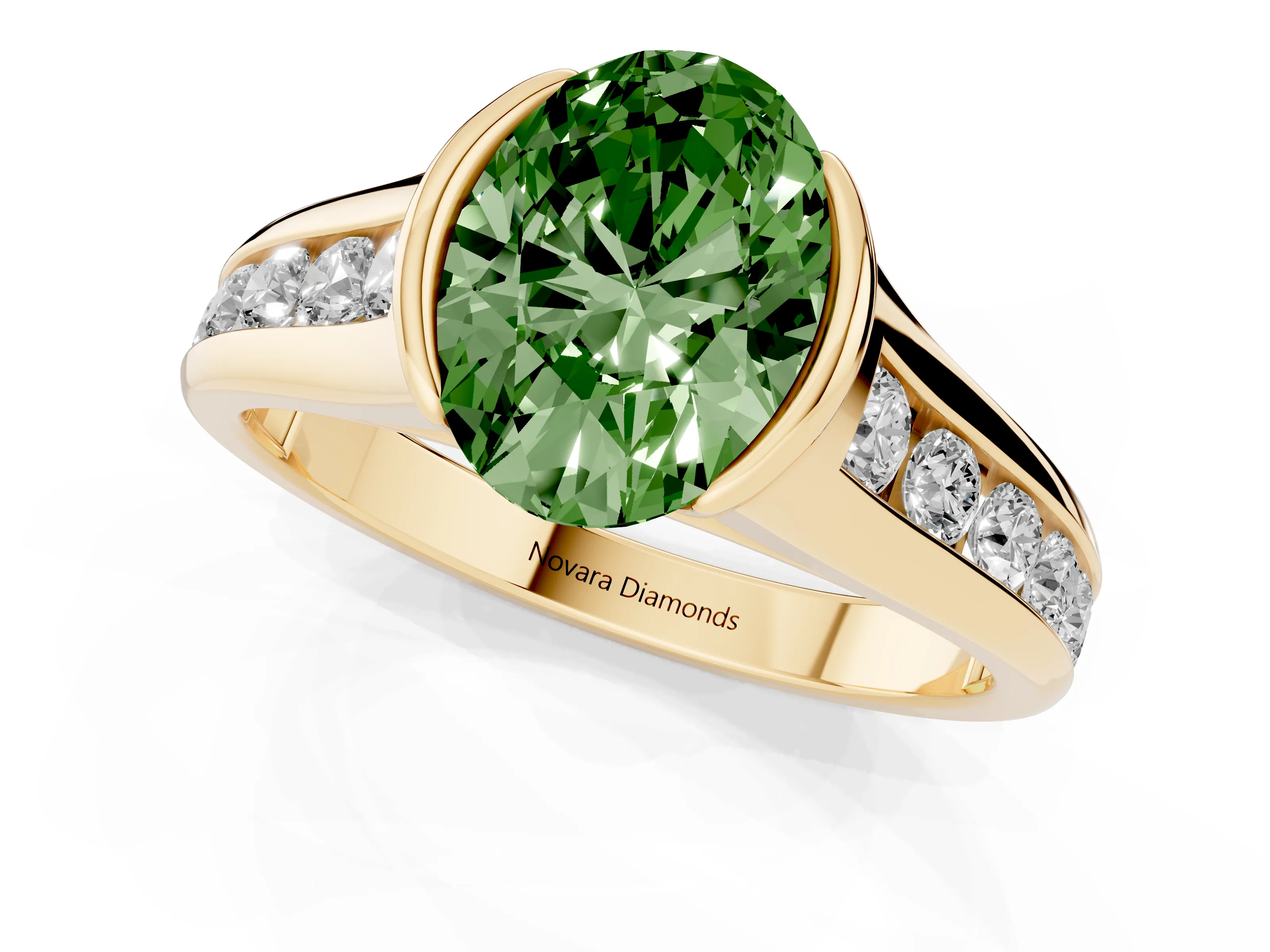 Fancy Green Oval Cut Diamond Bezel-Set Solitaire Ring Set in Yellow gold with Channel-Set Band