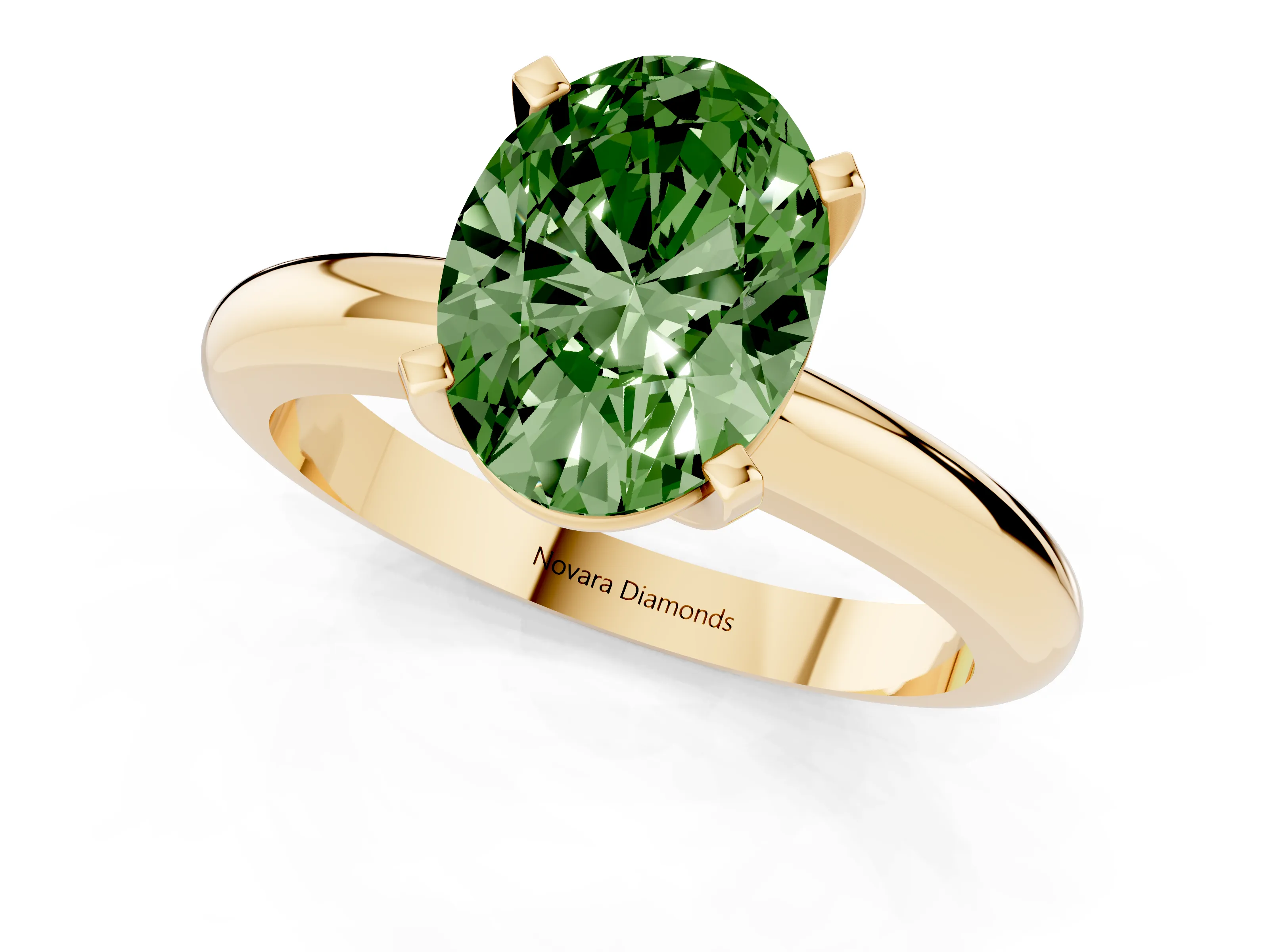 Fancy Green Oval Cut Diamond Solitaire Engagement Ring Set in Yellow gold with Round Band and Prong Setting