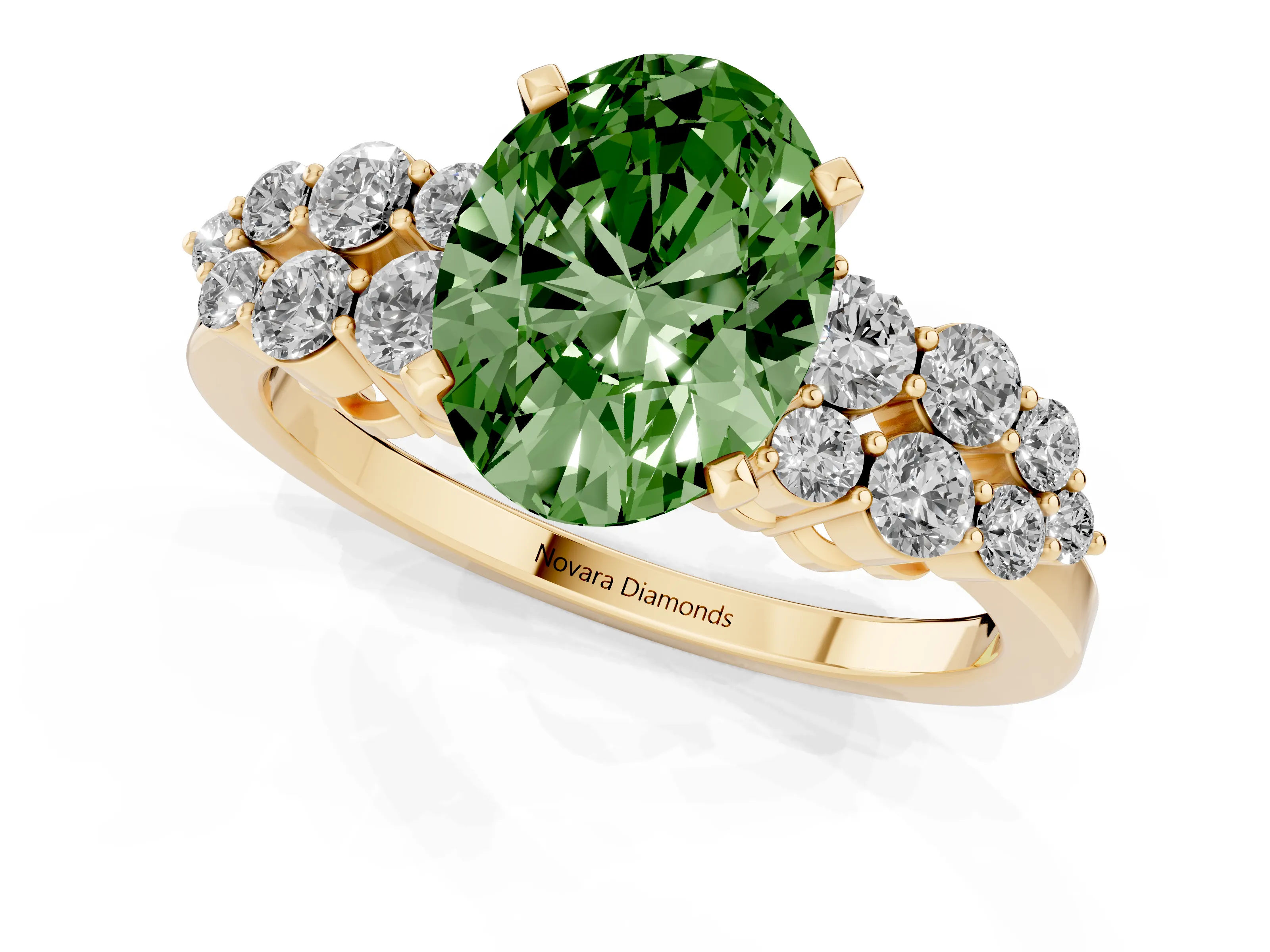 Fancy Green Oval Cut Diamond Cluster Engagement Ring Set in Yellow gold with Pavé Band and Prong Setting