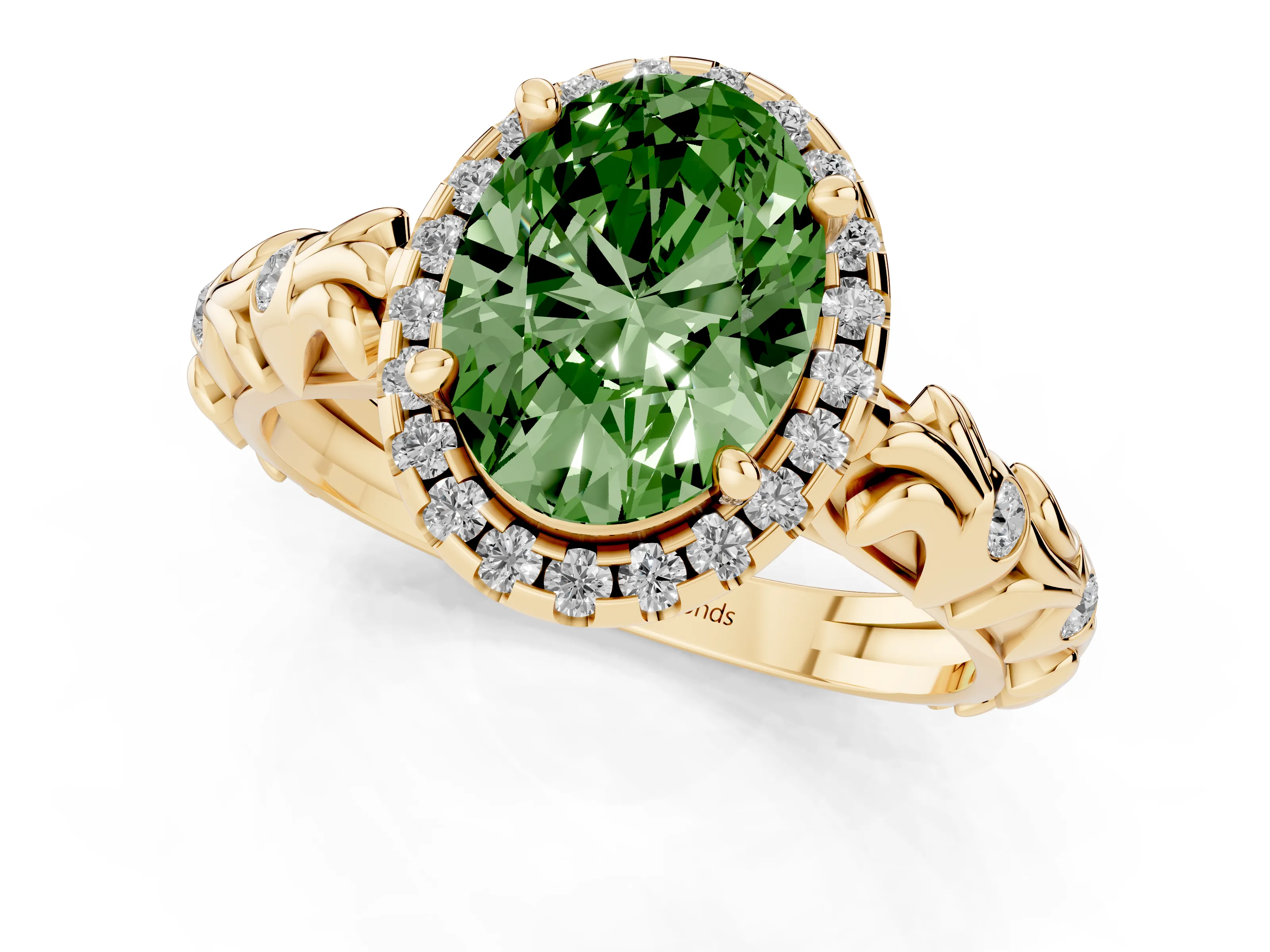 Fancy Green Oval Cut Diamond Halo Ring Set in Yellow gold with Filigree Leaf Band and Prong Setting
