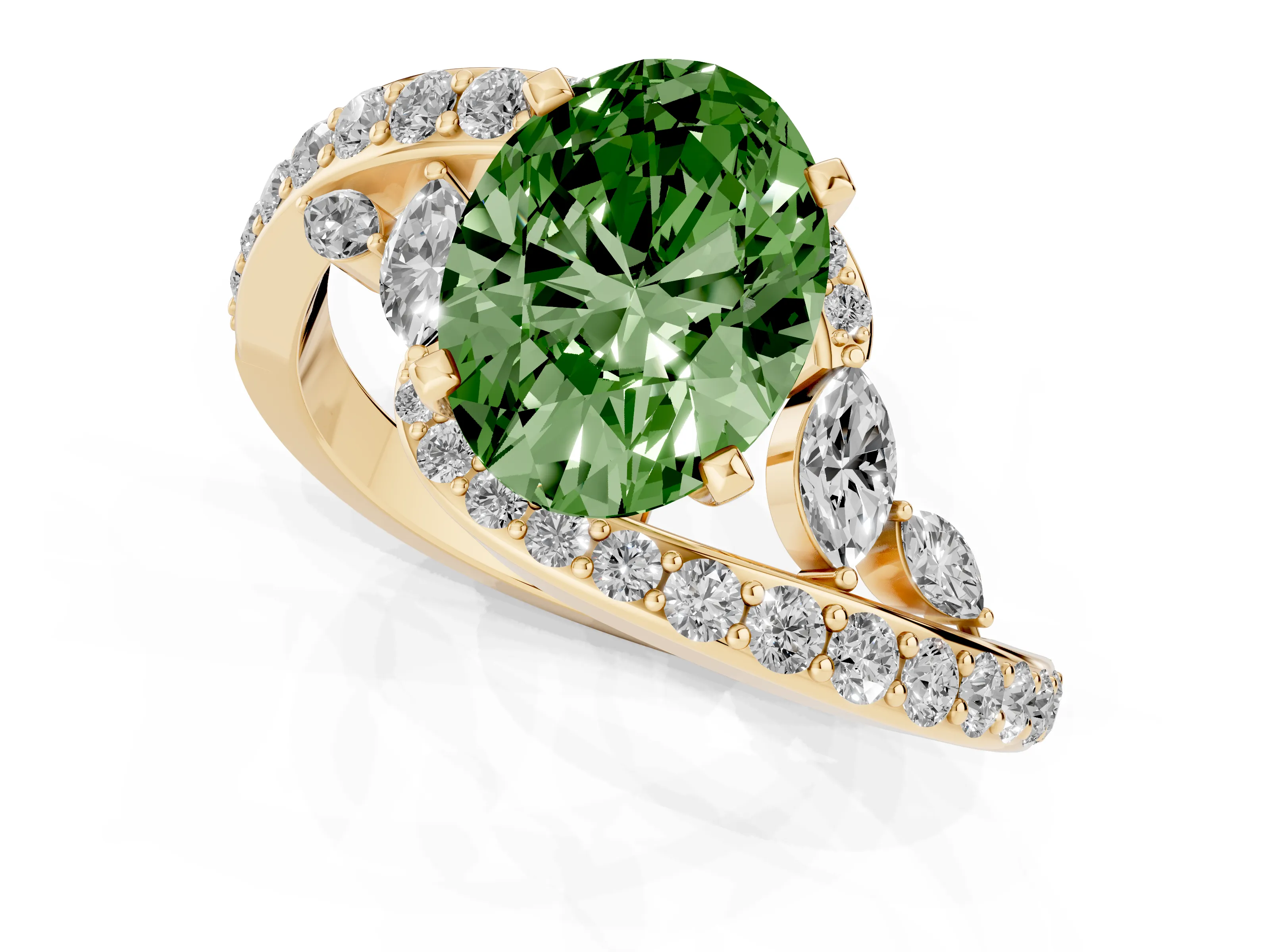 Fancy Green Oval Cut Diamond Solitaire Ring Set in Yellow gold with Pavé Twist Band and Secure Prong Setting