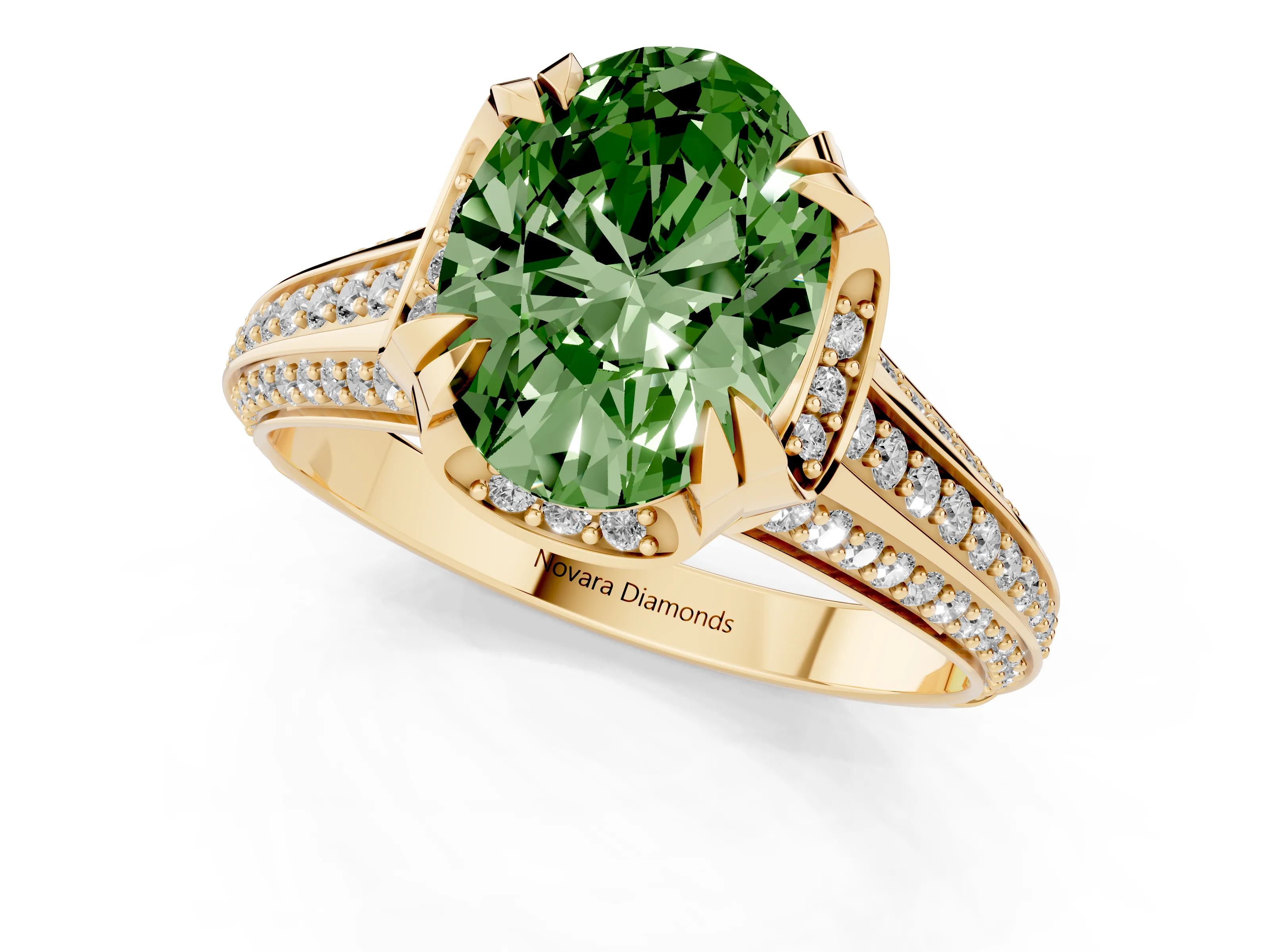 Fancy Green Oval Cut Diamond Pavé Split Shank Solitaire Ring Set in Yellow gold with Prong Setting