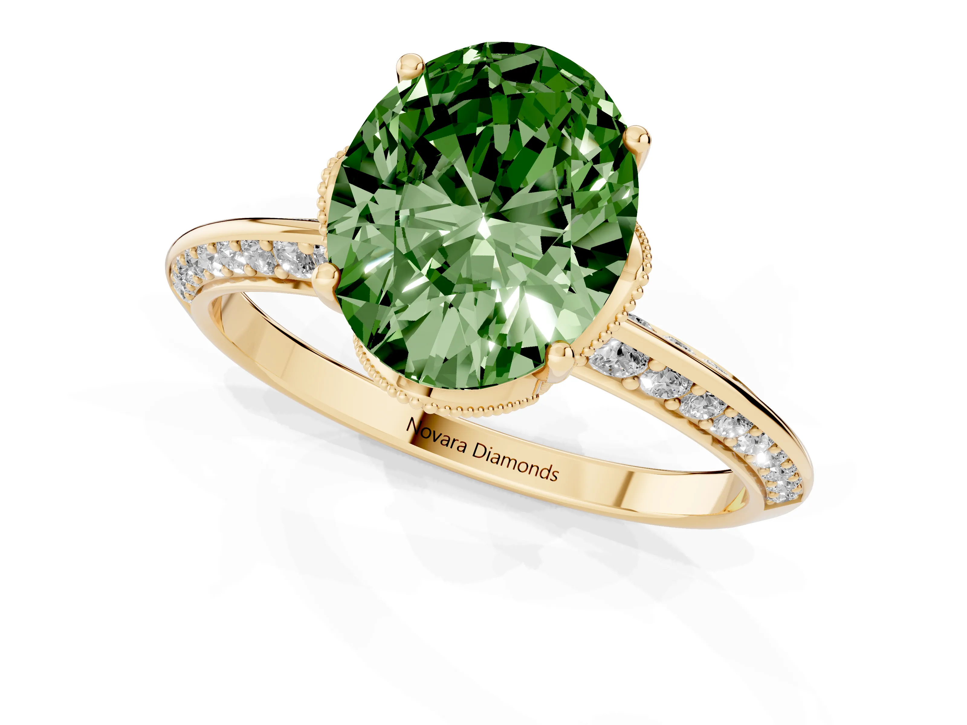 Fancy Green Oval Cut Diamond Solitaire Engagement Ring Set in Yellow gold with Pavé Split Shank and Prong Setting