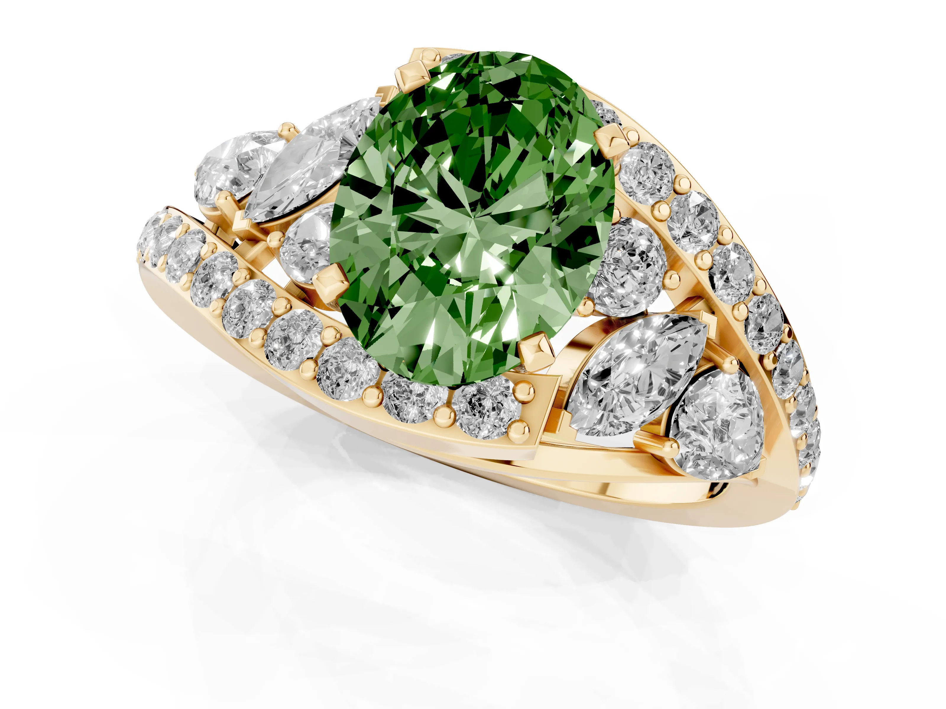 Fancy Green Oval Cut Diamond Halo Ring Set in Yellow gold with Marquise and Pavé Band in Prong Setting
