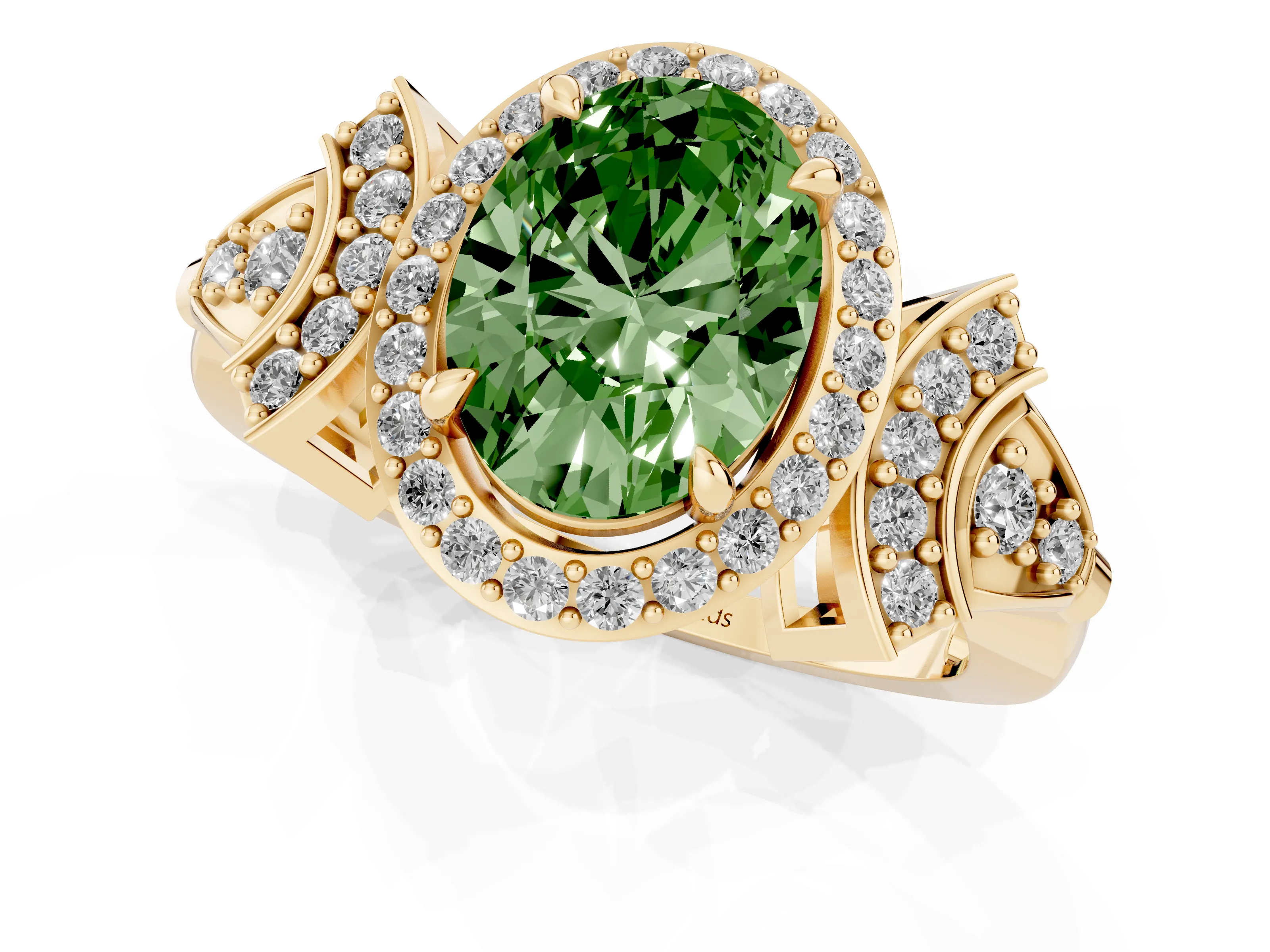 Fancy Green Oval Cut Diamond Halo Engagement Ring Set in Yellow gold with Accent Stone Split Shank