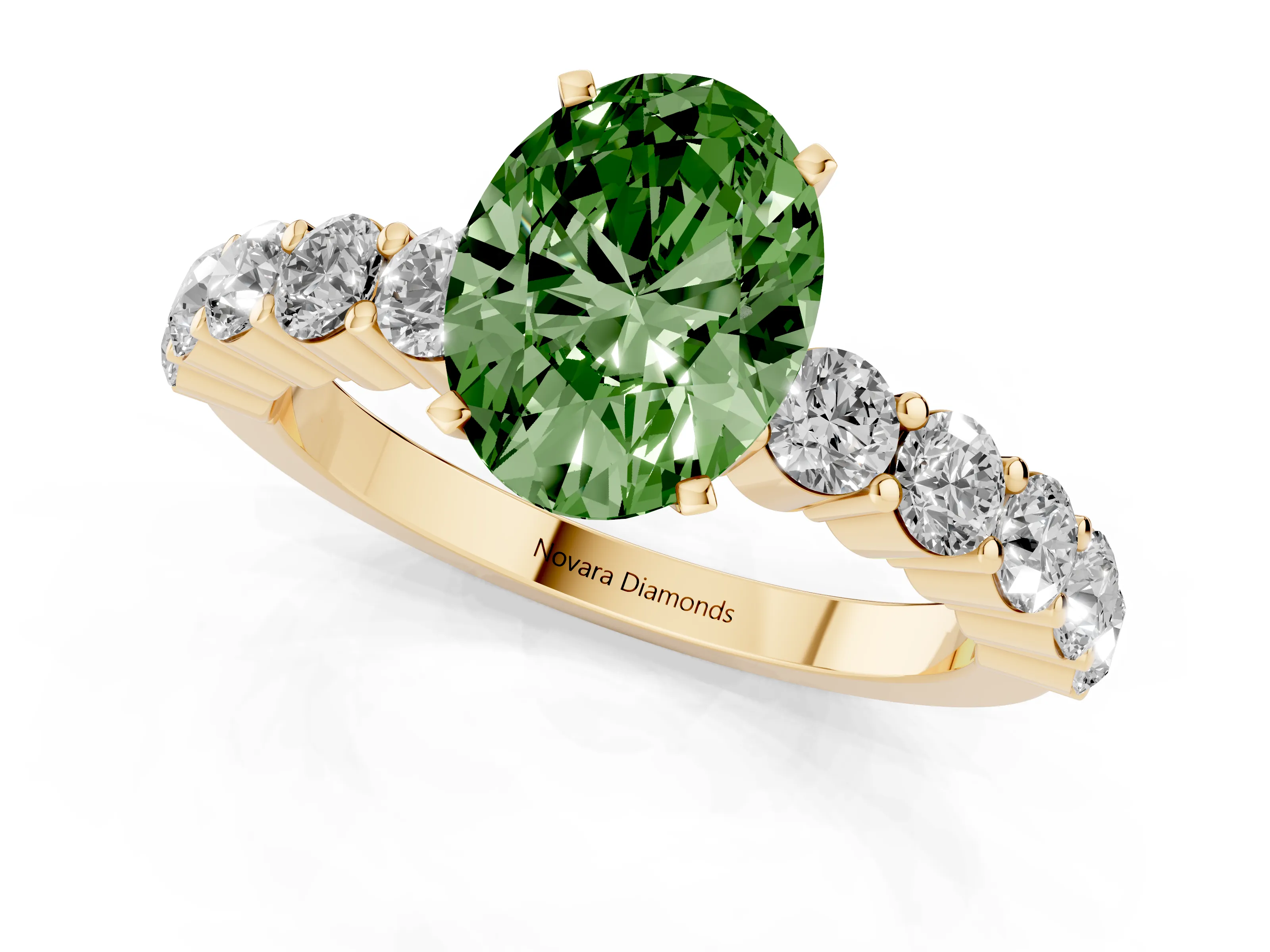Fancy Green Oval Cut Diamond Solitaire Ring Set in Yellow gold with Shared Prong Round Side Stones