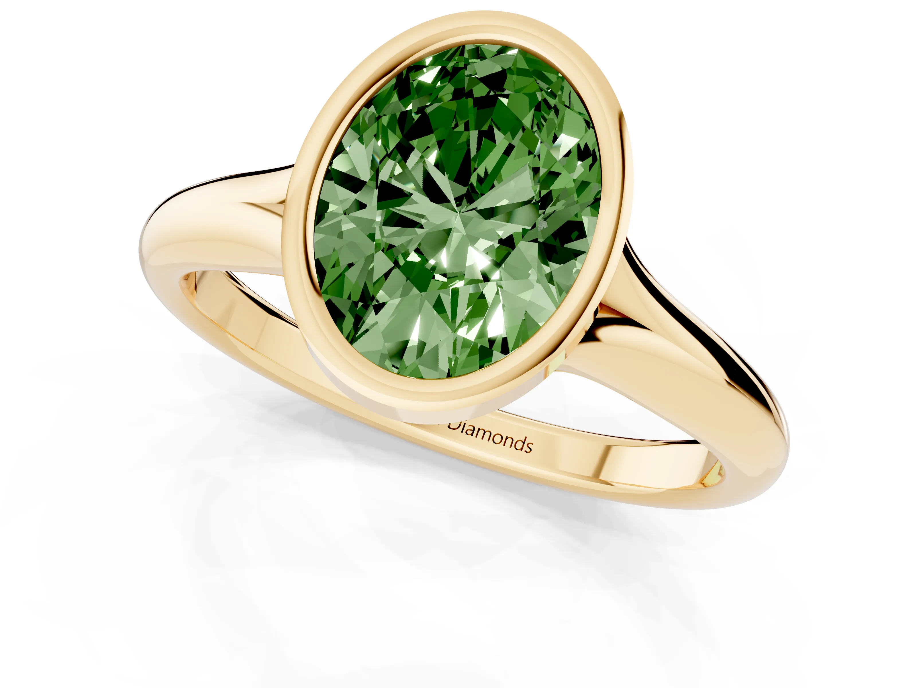 Fancy Green Bezel Set Oval Cut Diamond Solitaire Ring Set in Yellow gold with Smooth Band
