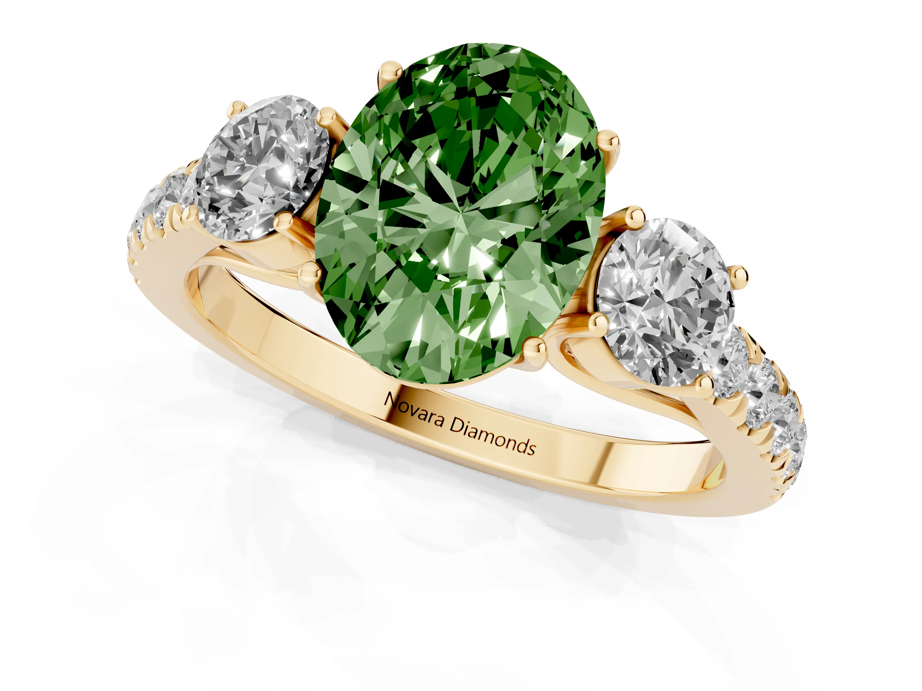 Fancy Green Oval Cut Diamond Three-Stone Ring Set in Yellow gold with Round Side Stones and Delicate Pavé Band