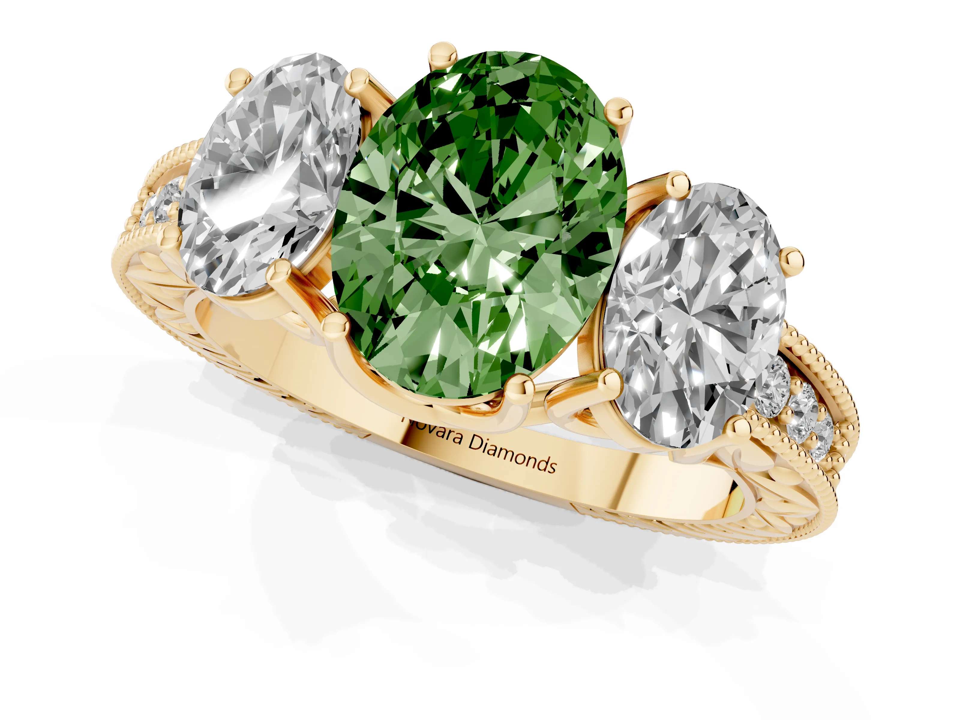 Fancy Green Oval Cut Diamond Three-Stone Engagement Ring Set in Yellow gold with Milgrain Pavé Band