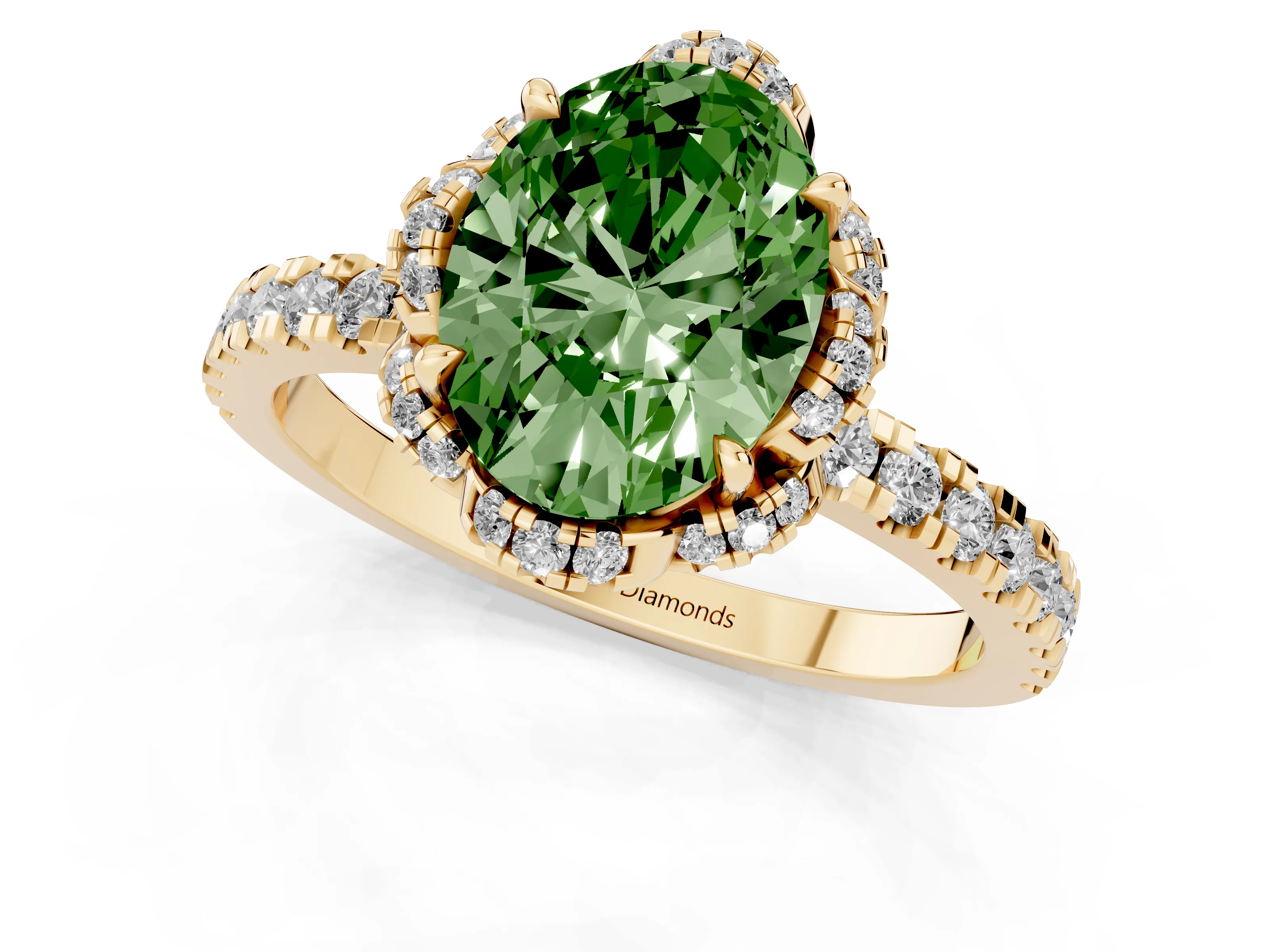 Fancy Green Oval Cut Diamond Halo Pavé Band Ring Set in Yellow gold with Prong-Held Center