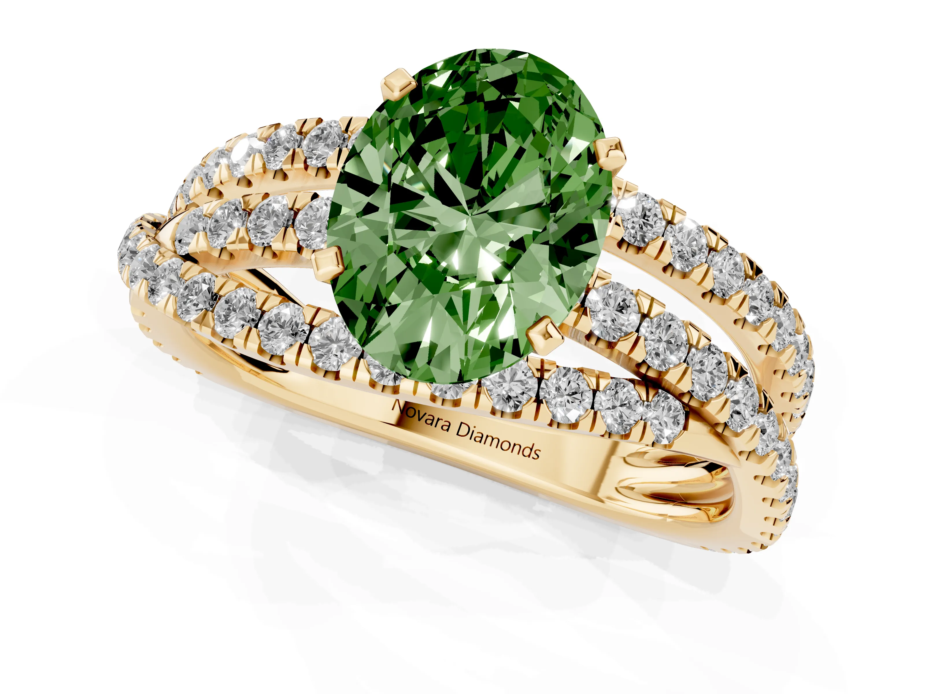 Fancy Green Oval Cut Diamond Solitaire Twist Band Ring Set in Yellow gold with Pavé Setting and Prong Head