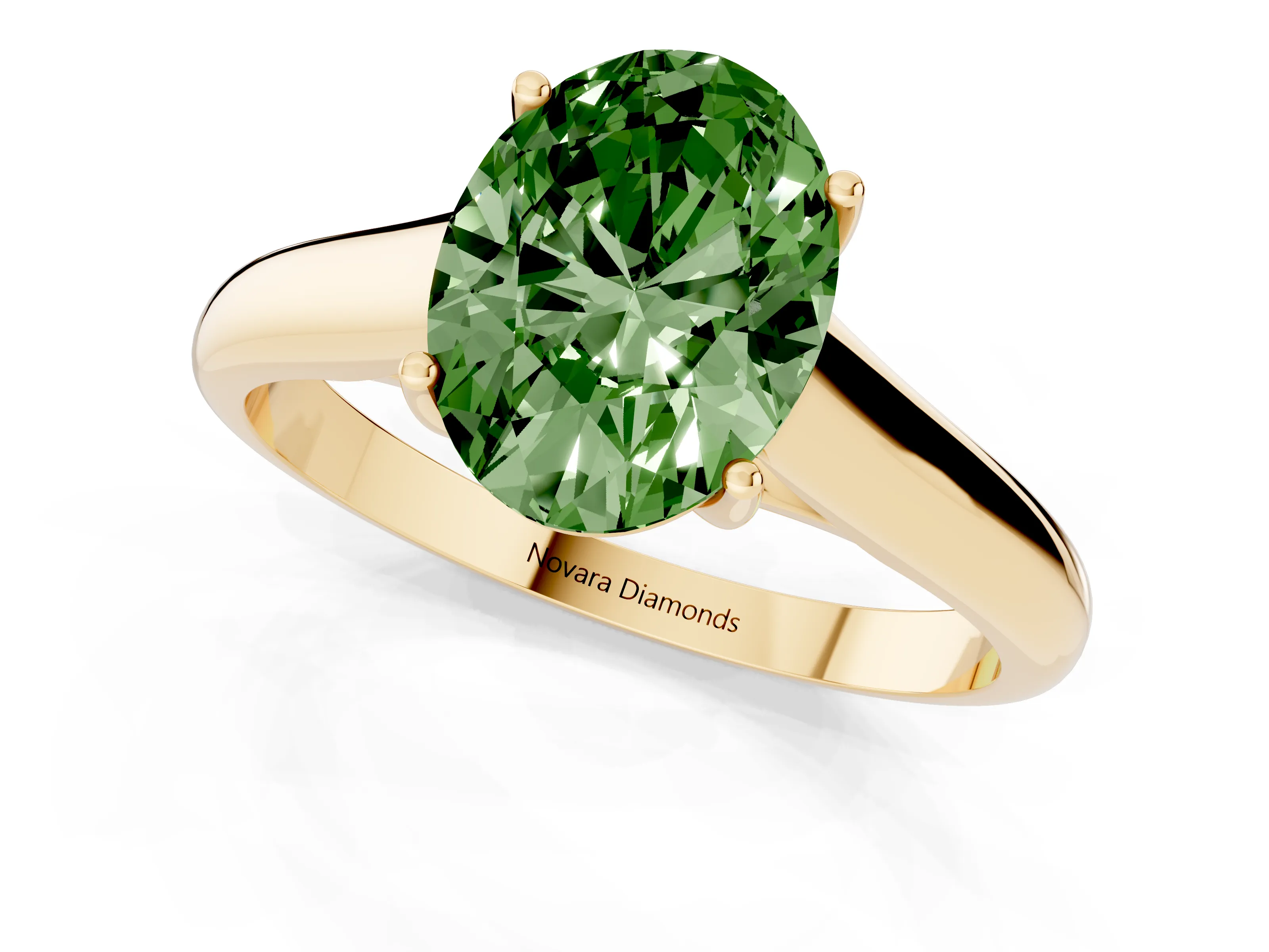 Fancy Green Oval Cut Diamond Solitaire Engagement Ring Set in Yellow gold with Subtly Tapered Band and Prong Setting