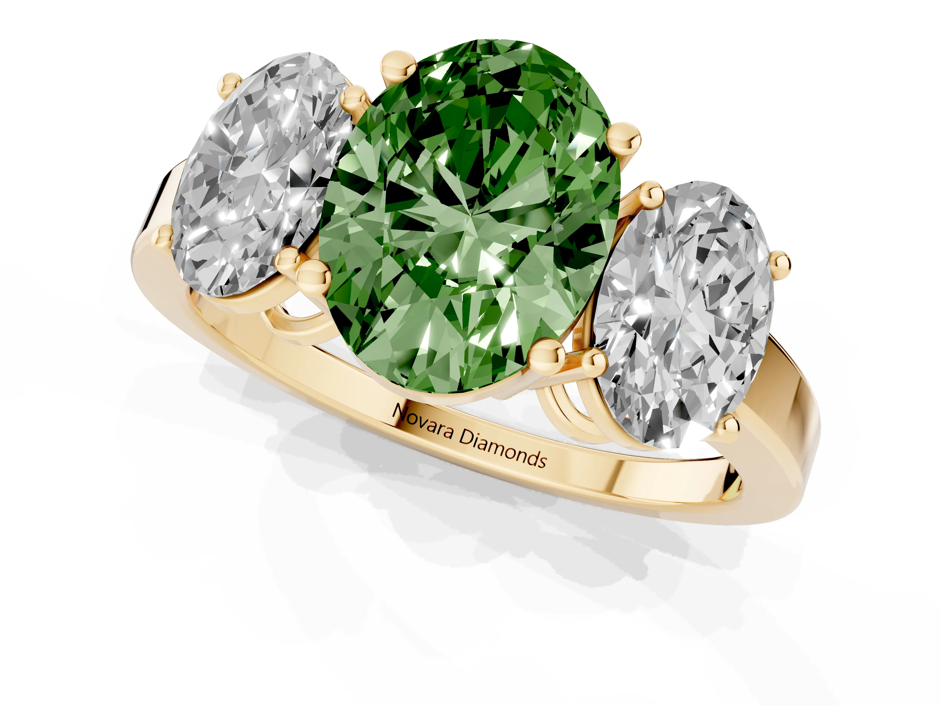 Fancy Green Oval Cut Diamond Three-Stone Engagement Ring Set in Yellow gold with Flat Band