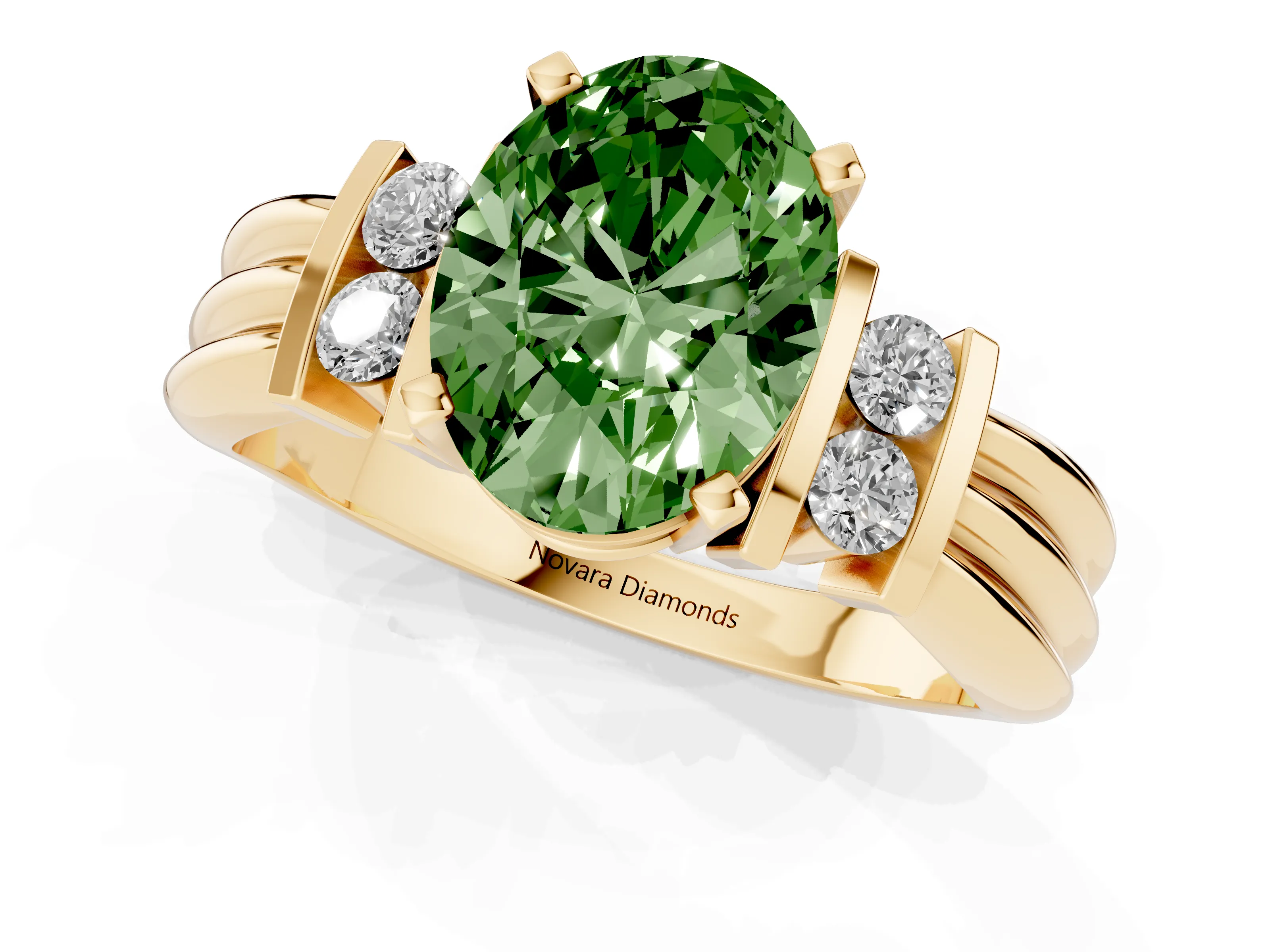 Fancy Green Three-Stone Oval Cut Diamond Channel Set Ring Set in Yellow gold with Bar Prongs