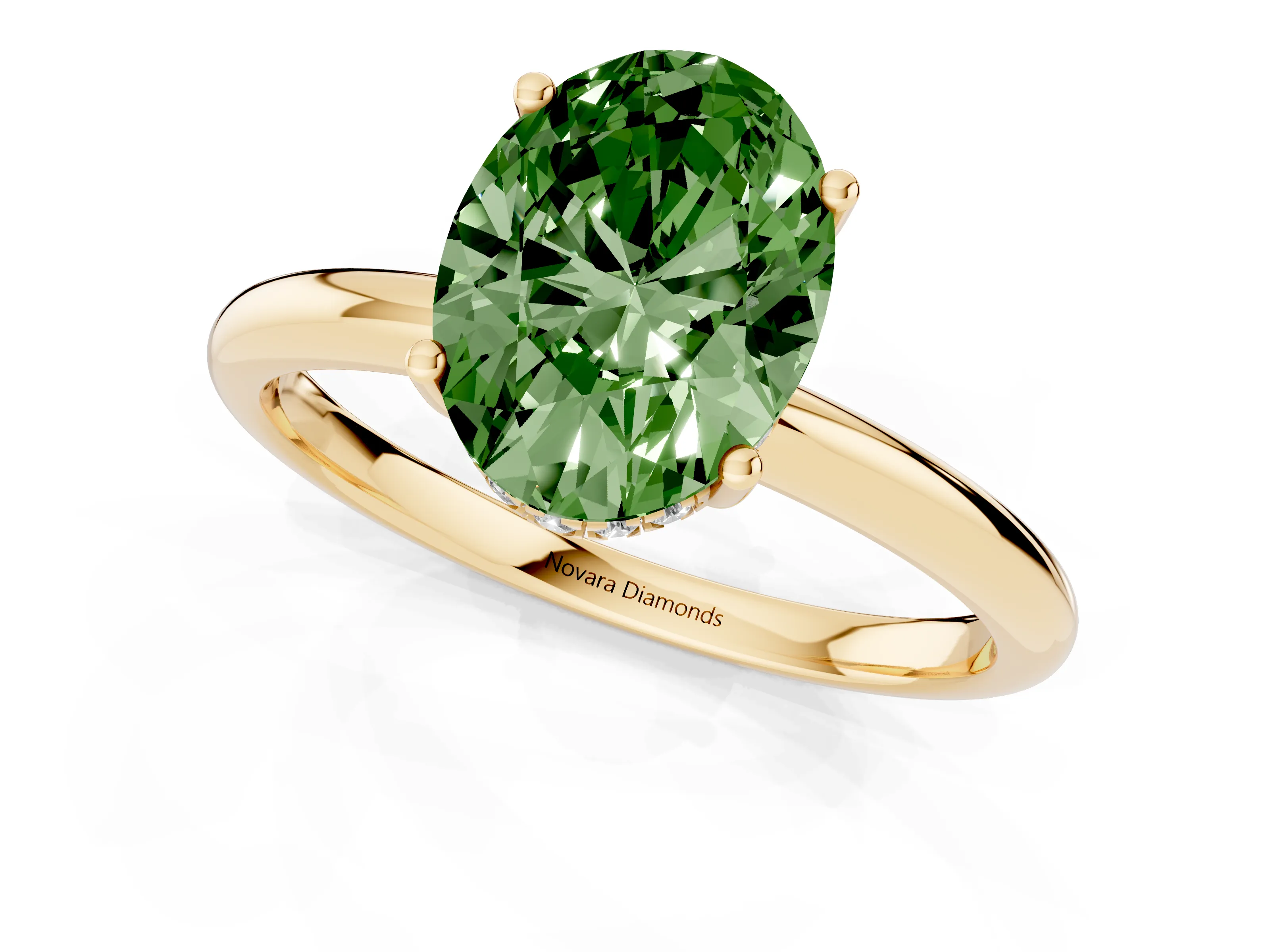 Fancy Green Oval Cut Diamond Solitaire Engagement Ring Set in Yellow gold with Prong Setting and Polished Band