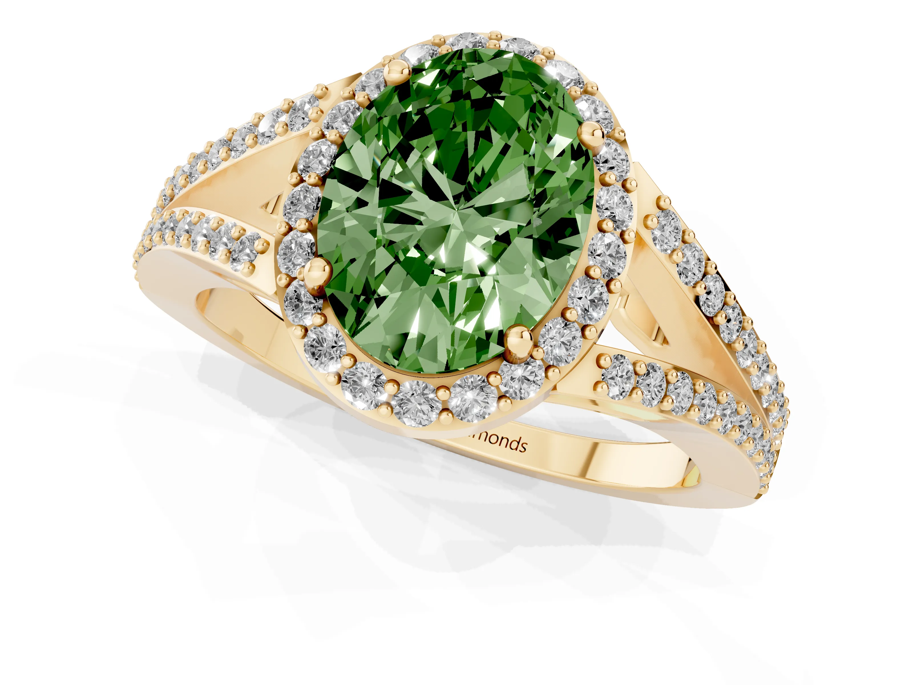 Fancy Green Oval Cut Diamond Halo Split Shank Ring Set in Yellow gold with Accent Stones and Prong Setting