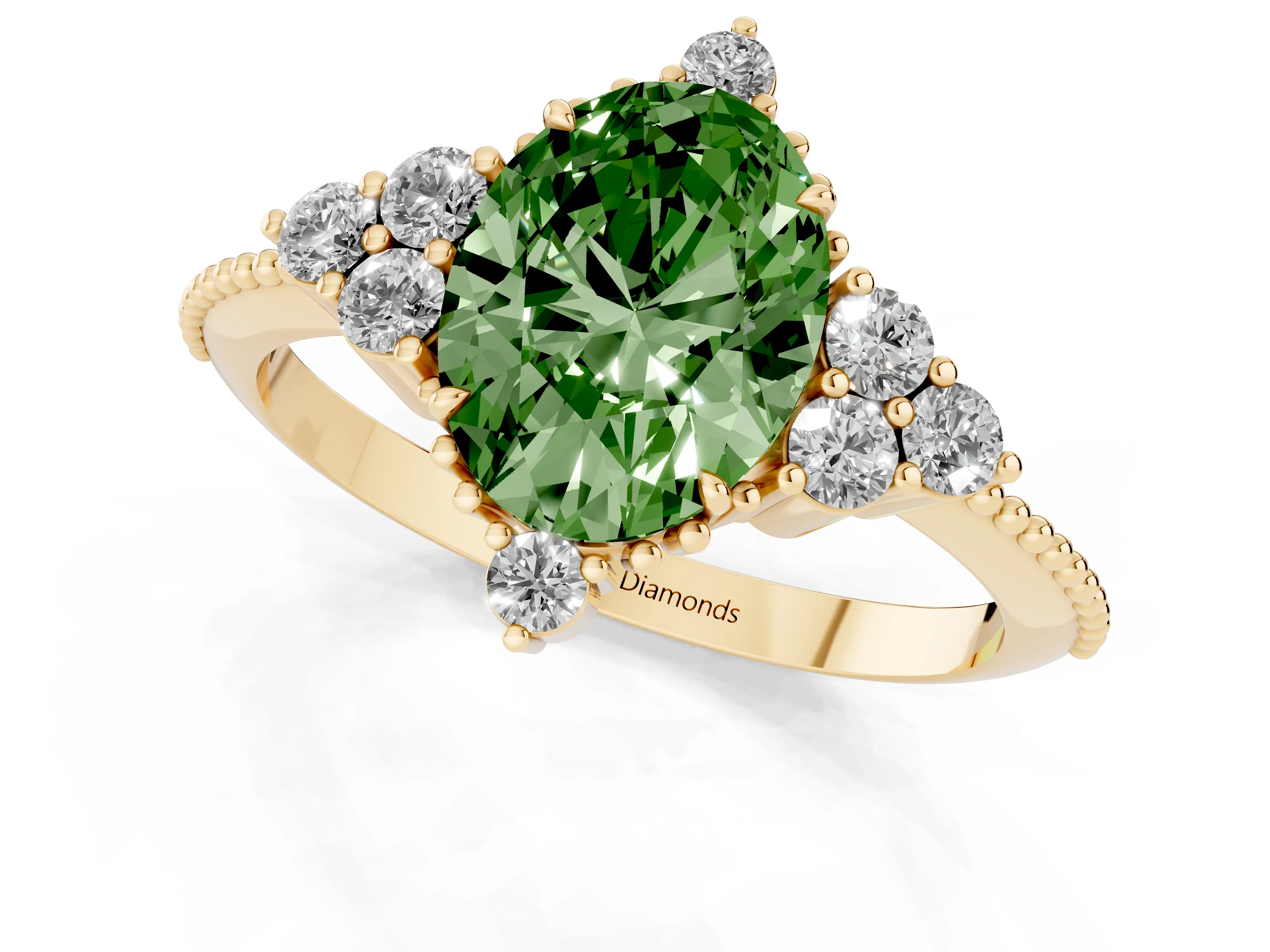 Fancy Green Oval Cut Diamond Cluster Ring Set in Yellow gold with Beaded Band