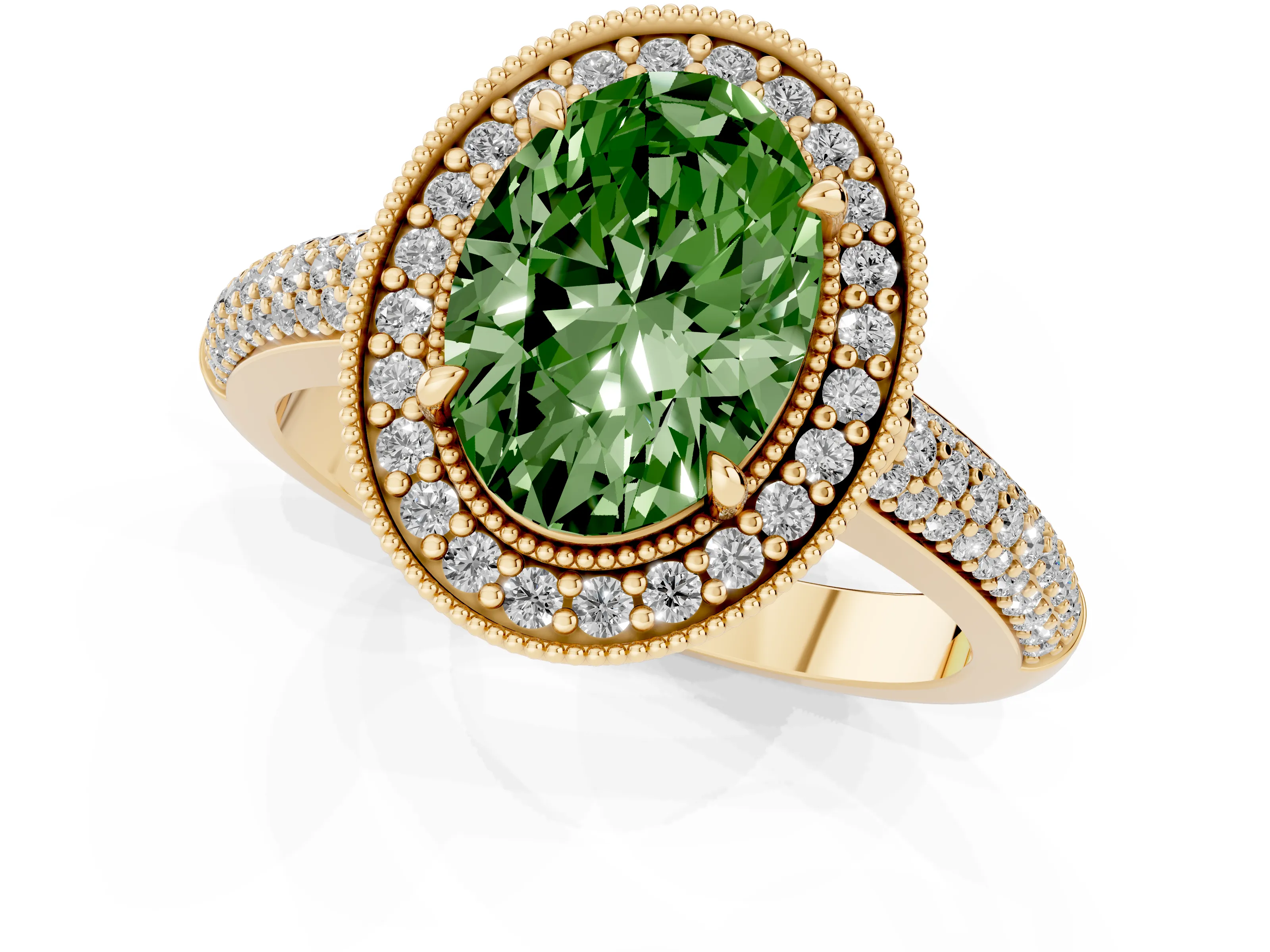 Fancy Green Oval Cut Diamond Halo Pavé Band Set in Yellow gold with Prong Setting