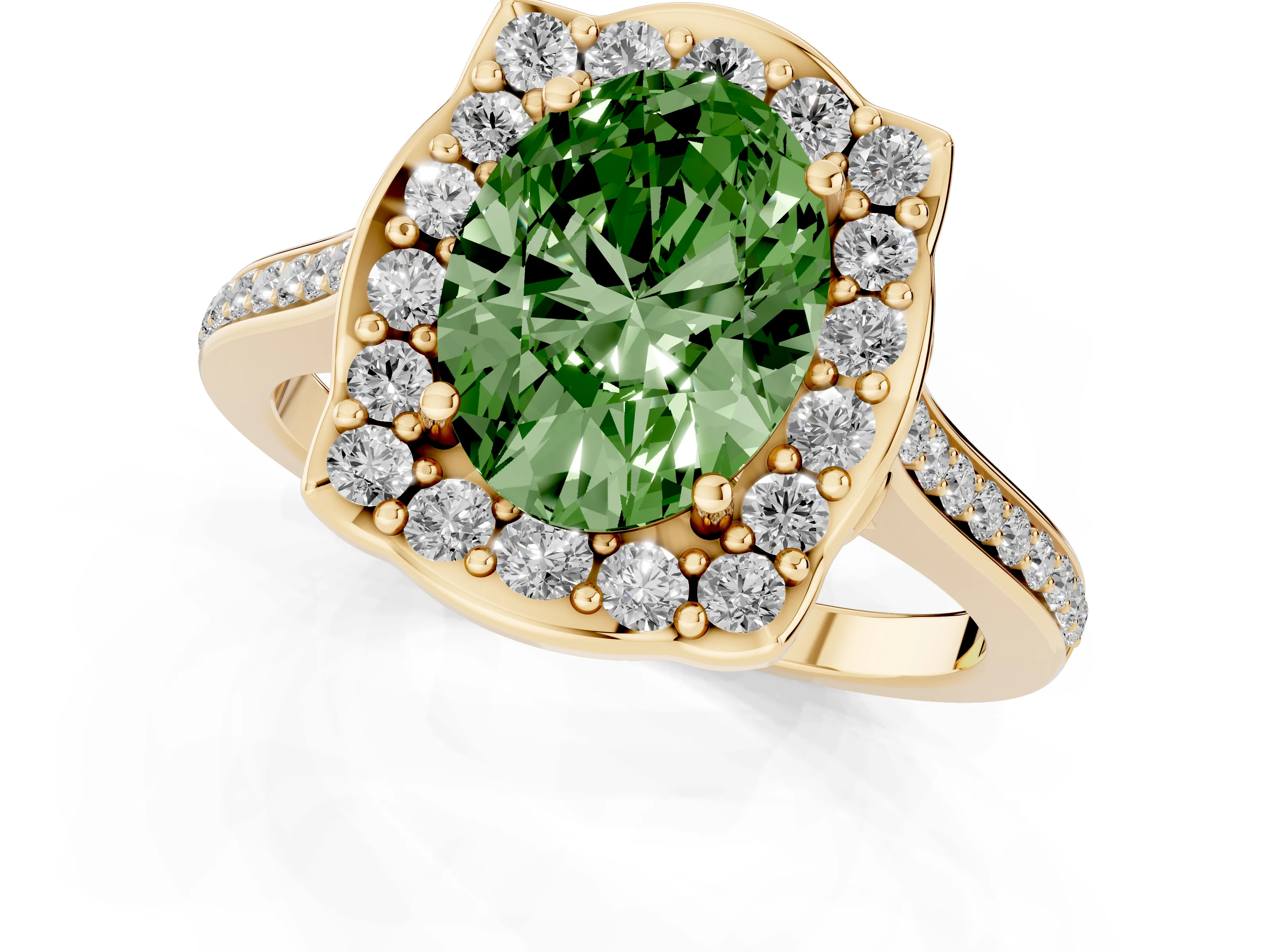 Fancy Green Oval Cut Diamond Halo Ring Set in Yellow gold with Pavé-Lined Shoulders and Prong Setting