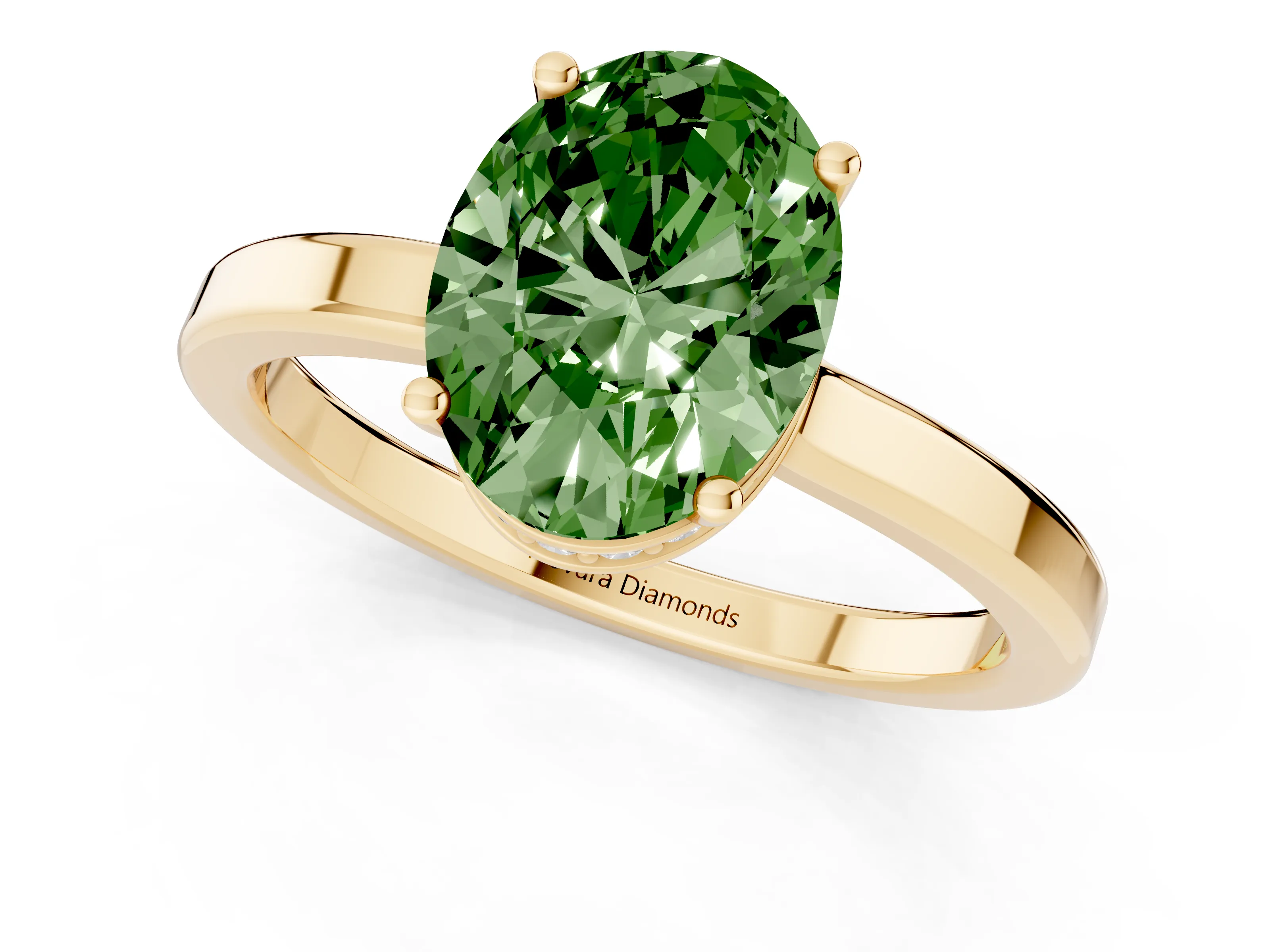 Fancy Green Oval Cut Diamond Solitaire Engagement Ring Set in Yellow gold with Prong Setting on a Plain Band