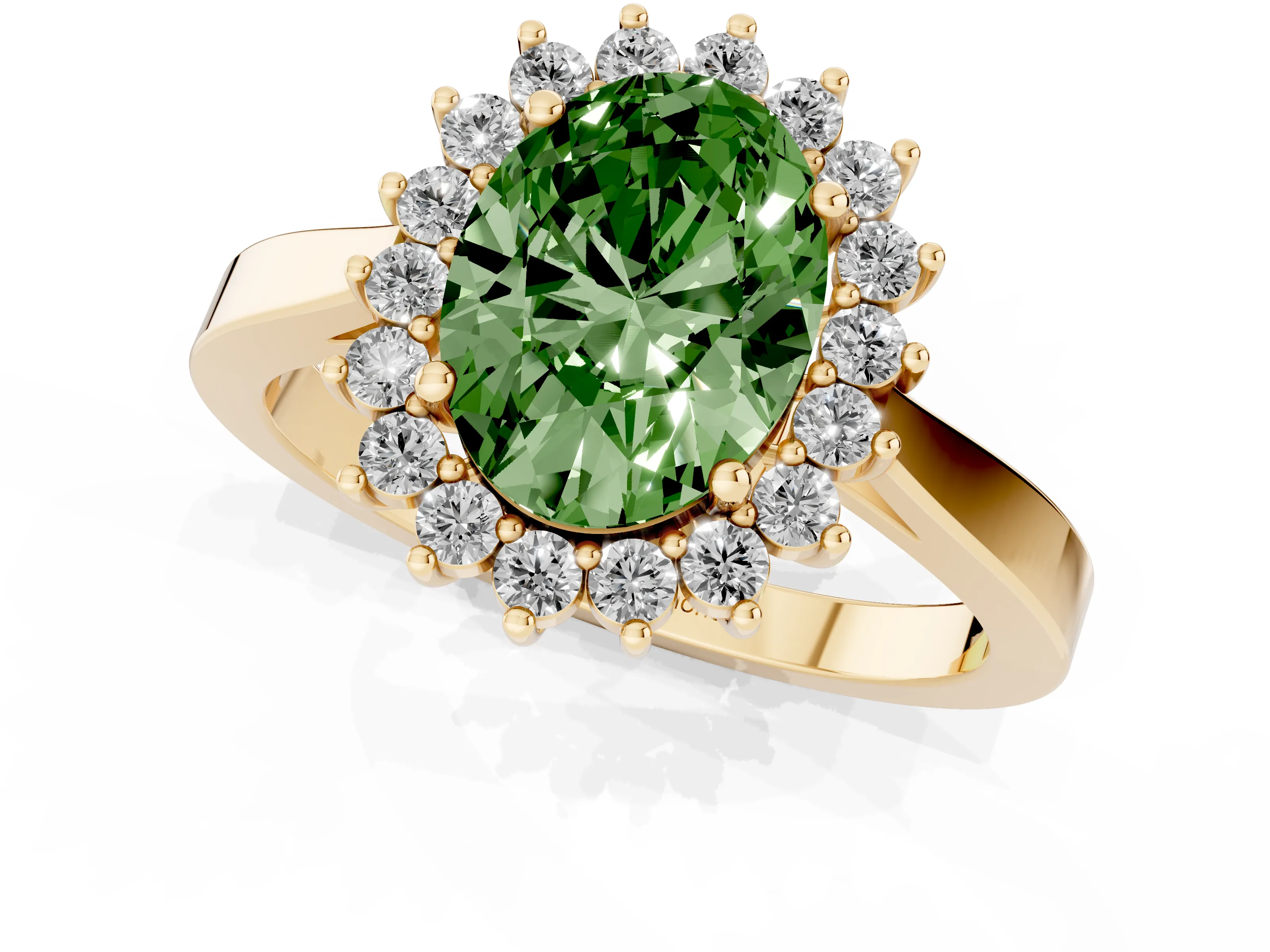 Fancy Green Oval Cut Diamond Halo Ring Set in Yellow gold with Round Halo and Smooth Solitaire Band