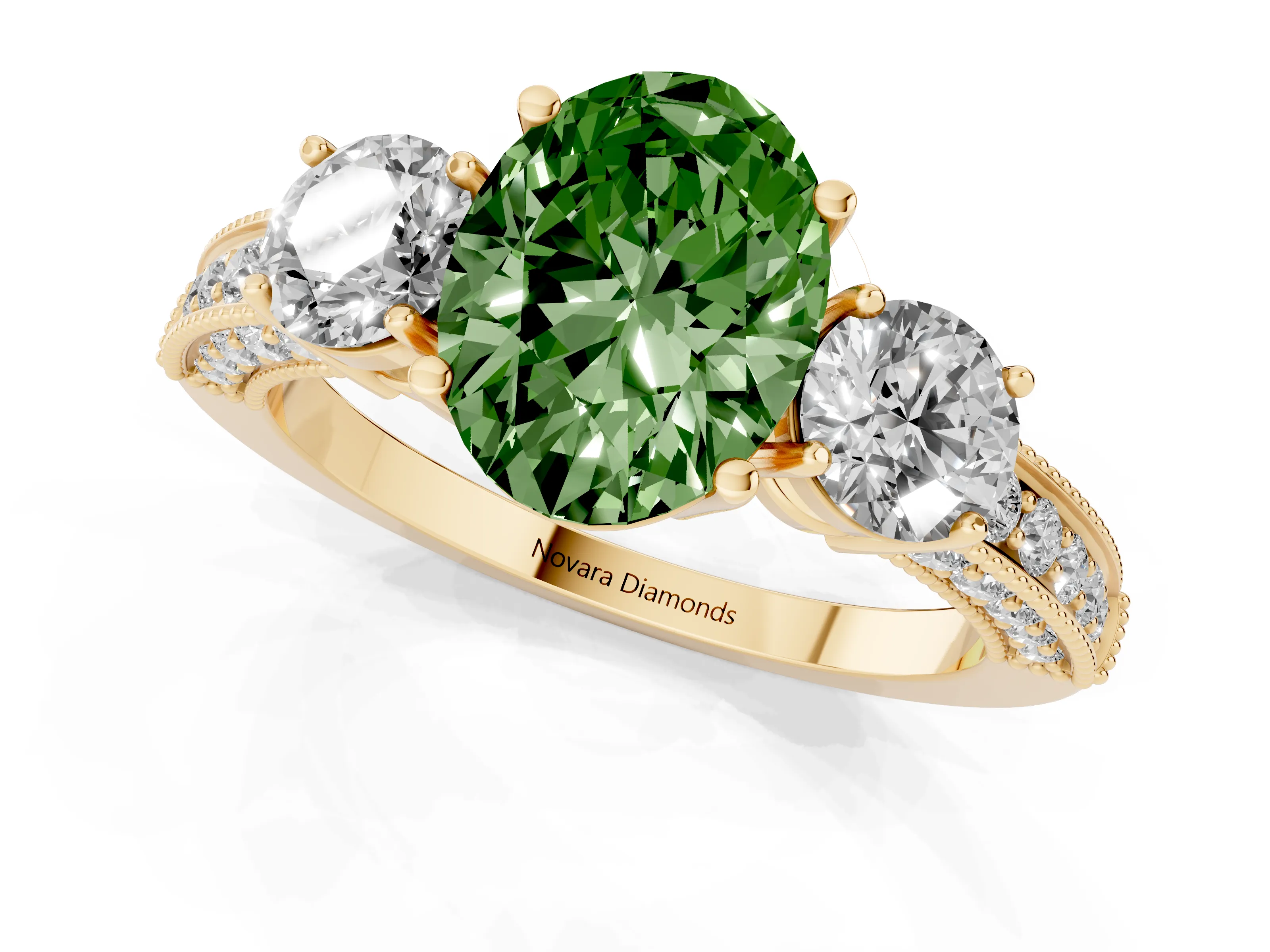 Fancy Green Oval Cut Diamond Three-Stone Ring Set in Yellow gold with Round Side Stones and Pavé Band