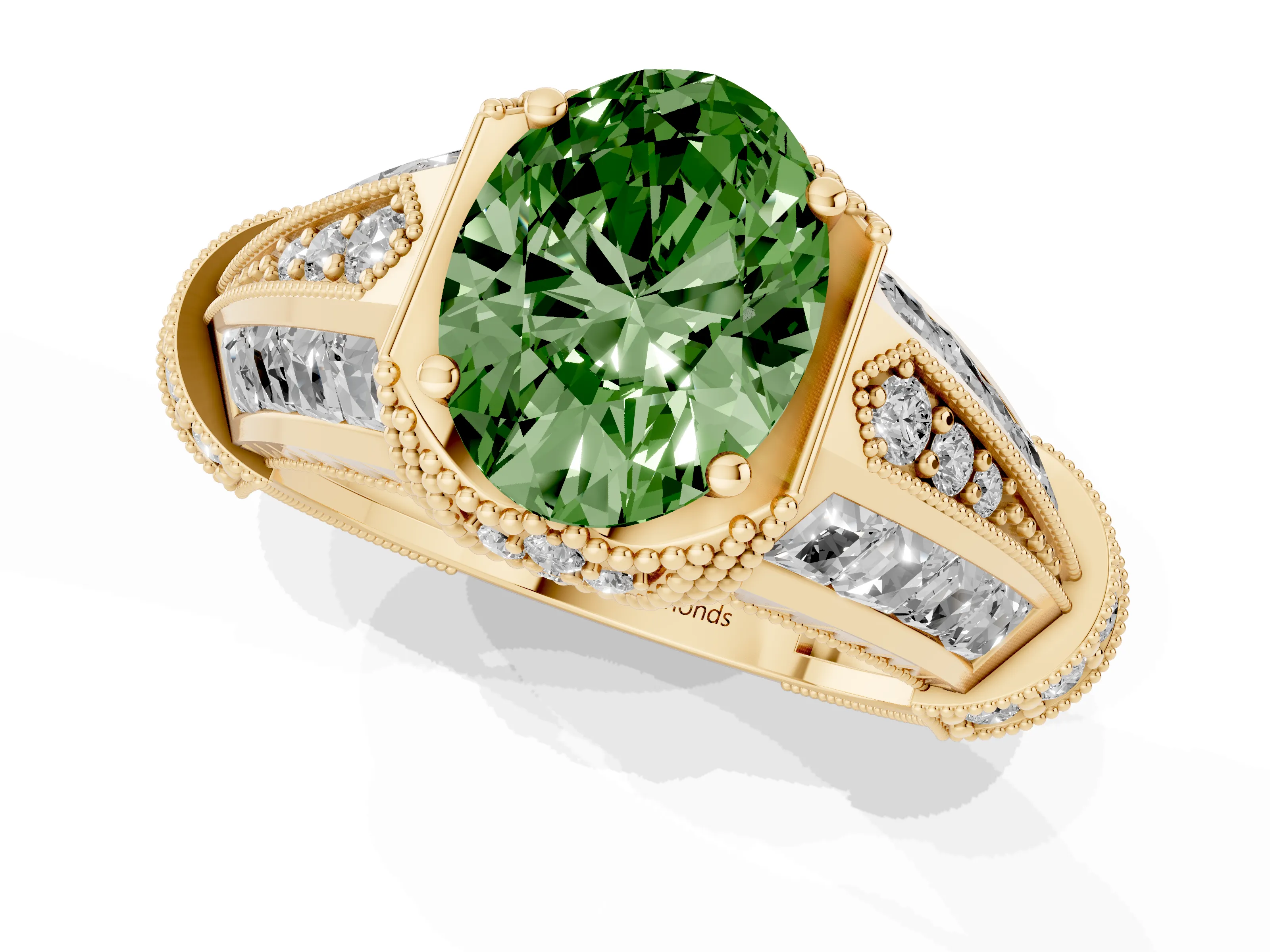 Fancy Green Oval Cut Diamond Vintage-Inspired Milgrain Ring Set in Yellow gold with Accent Split Shank
