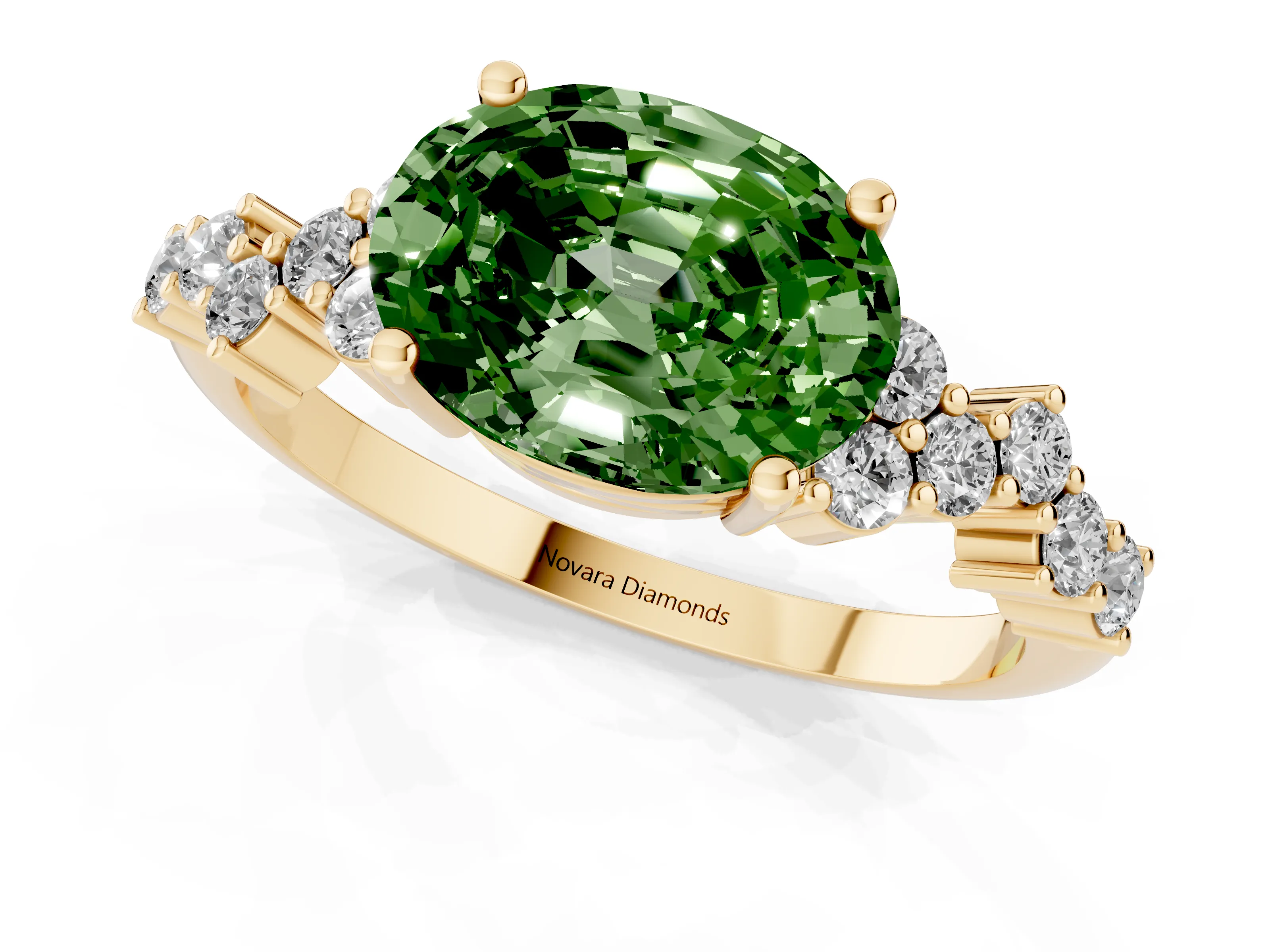 Fancy Green Oval Cut Diamond Ring Set in Yellow gold with Scattered Round Accents