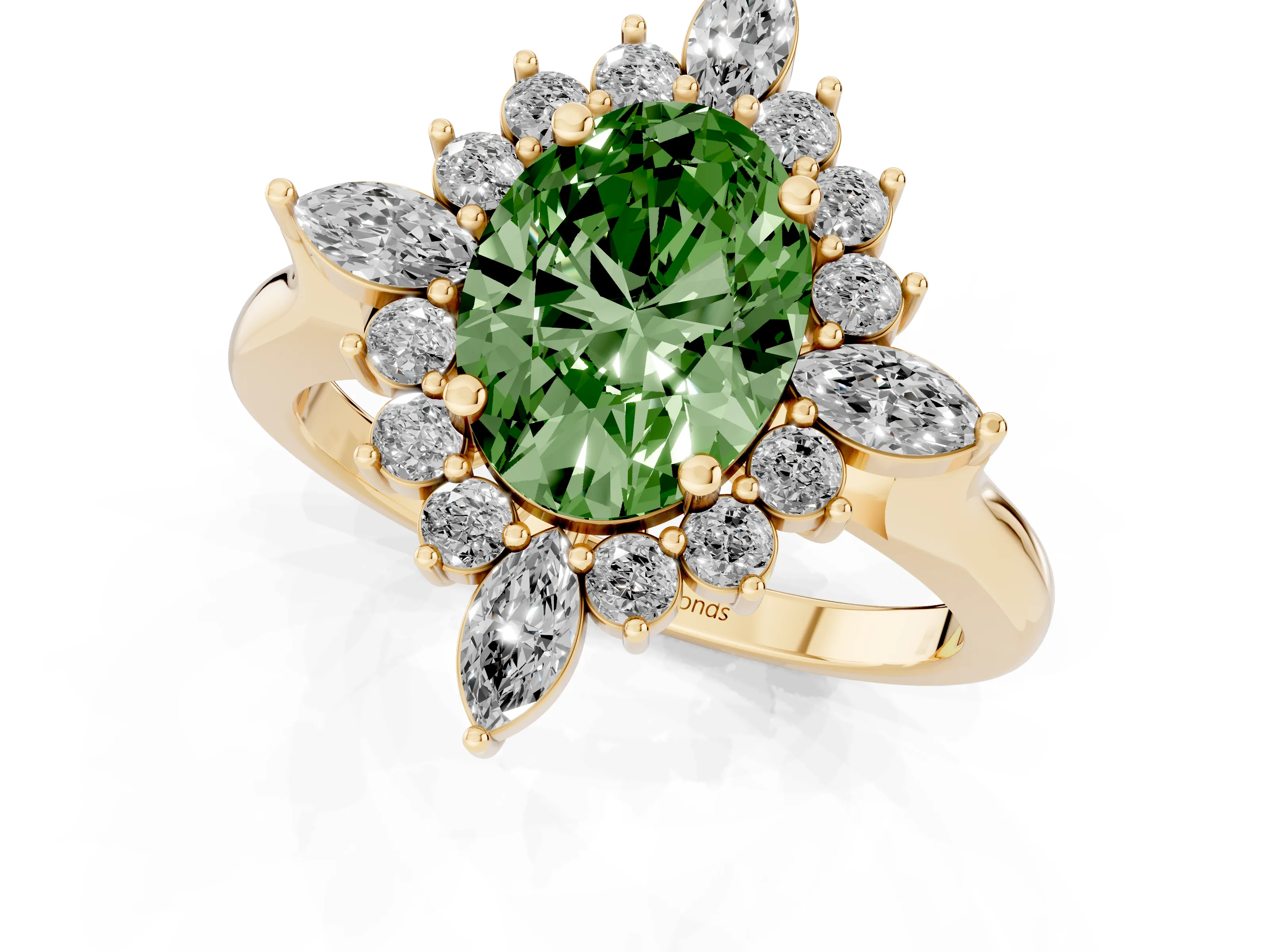 Fancy Green Oval Cut Diamond Cluster Halo Ring Set in Yellow gold with Marquise and Round Accents