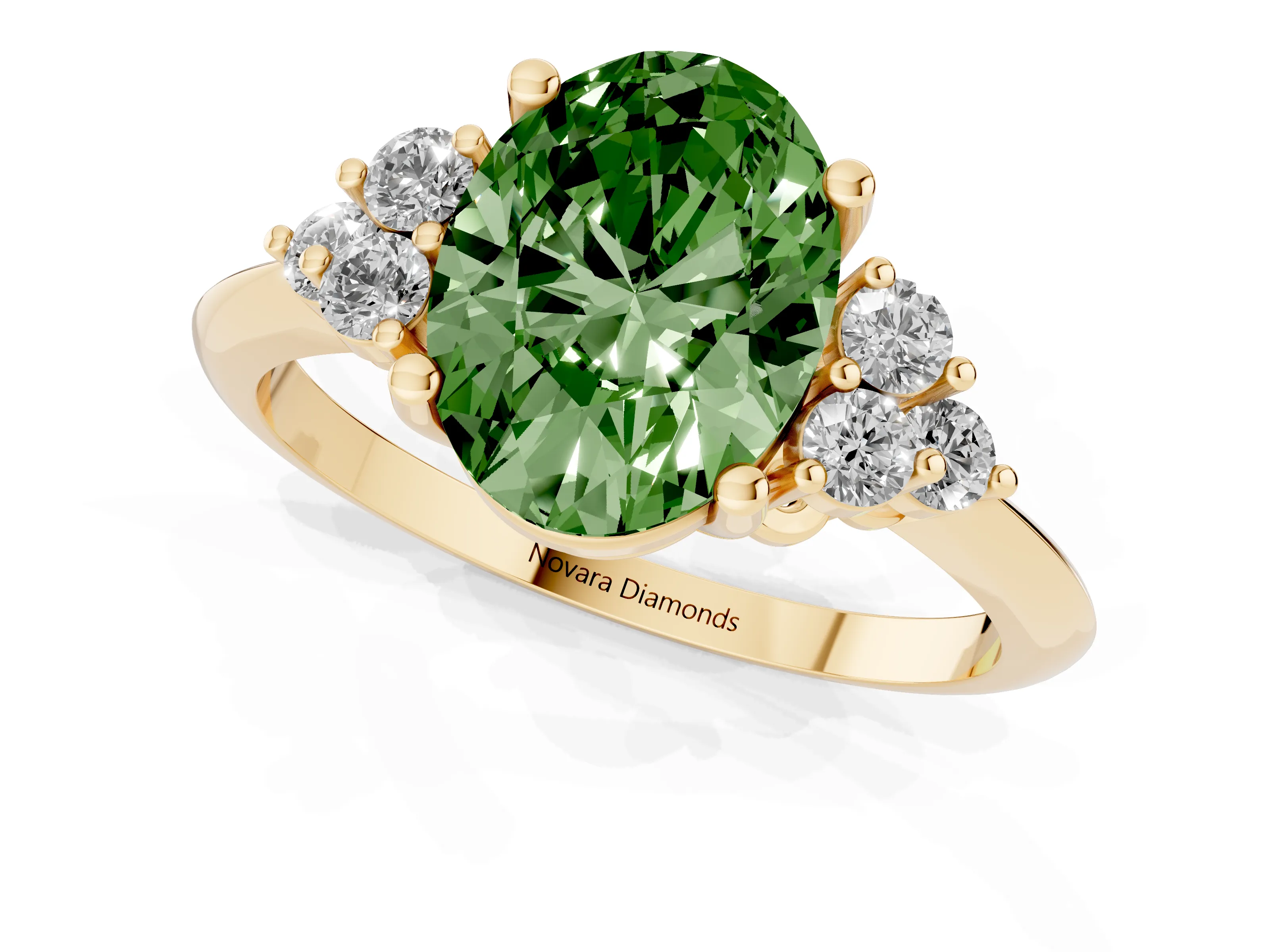 Fancy Green Oval Cut Diamond Cluster Ring Set in Yellow gold with Plain Band and Prong Setting