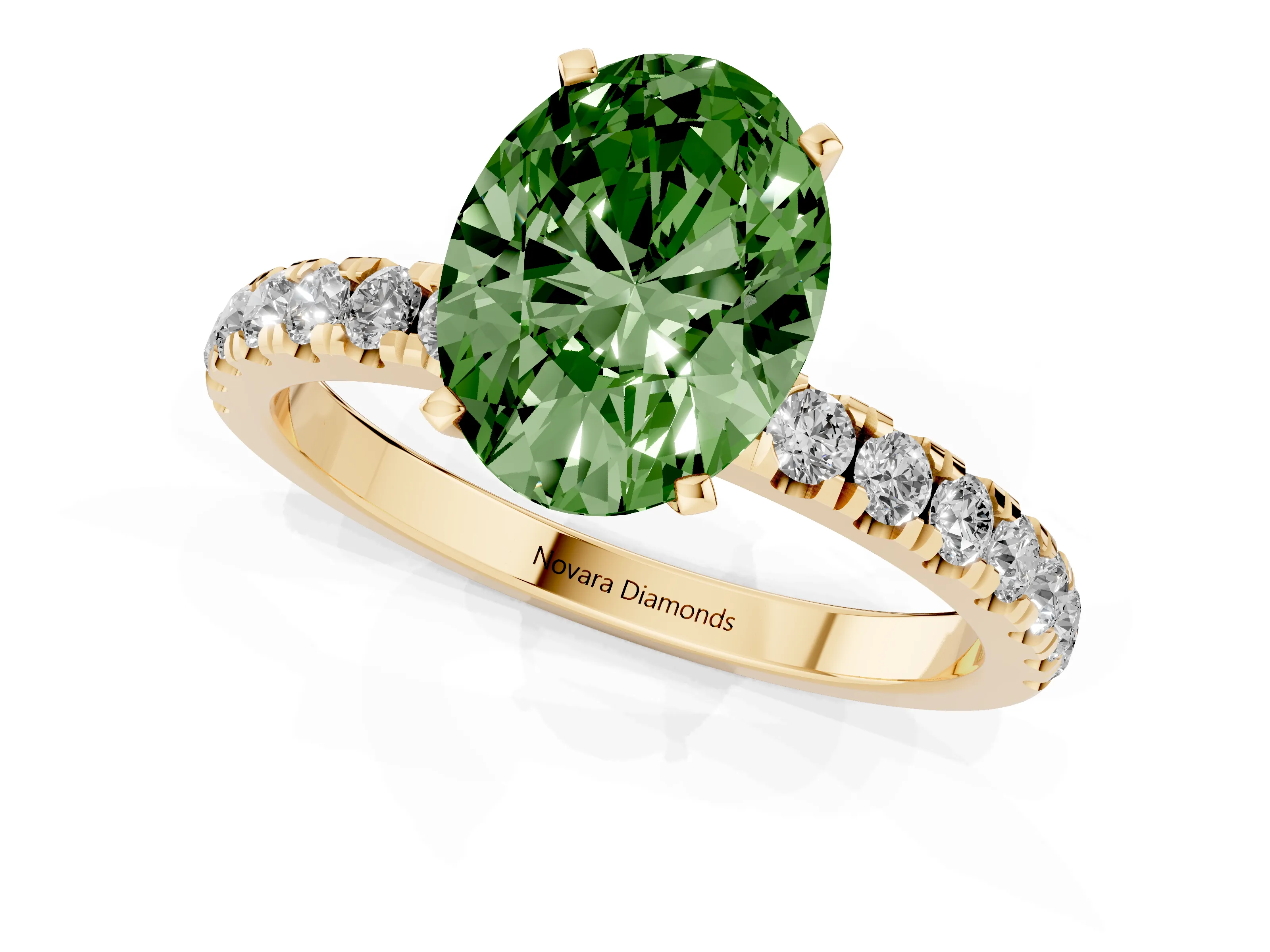 Fancy Green Oval Cut Diamond Solitaire Ring Set in Yellow gold with Pavé Accents and Prong Setting