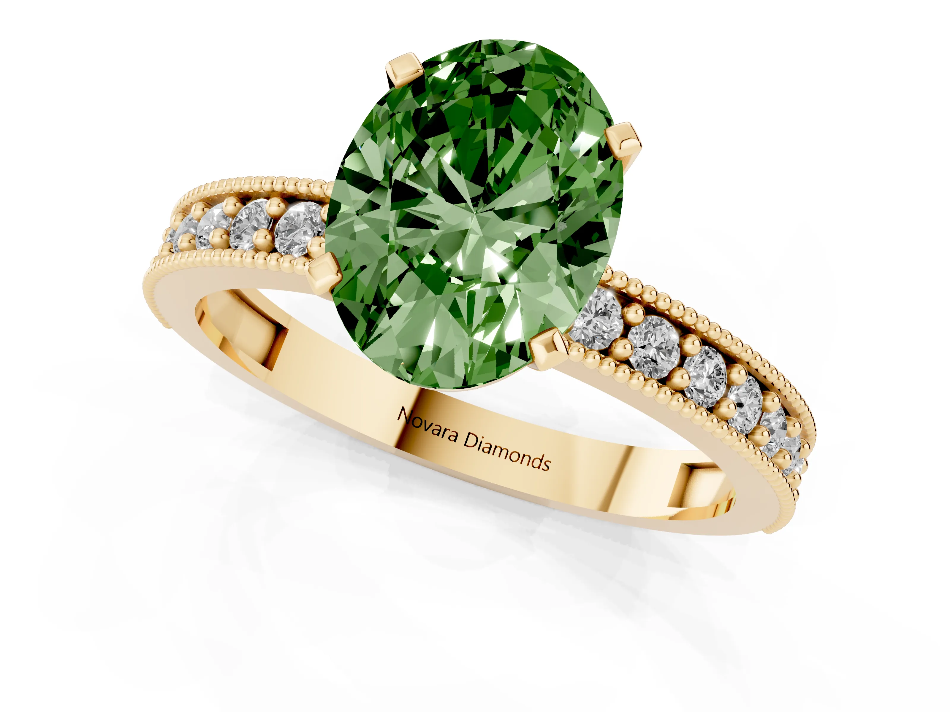 Fancy Green Oval Cut Diamond Milgrain Pavé Engagement Ring Set in Yellow gold with Prong Setting