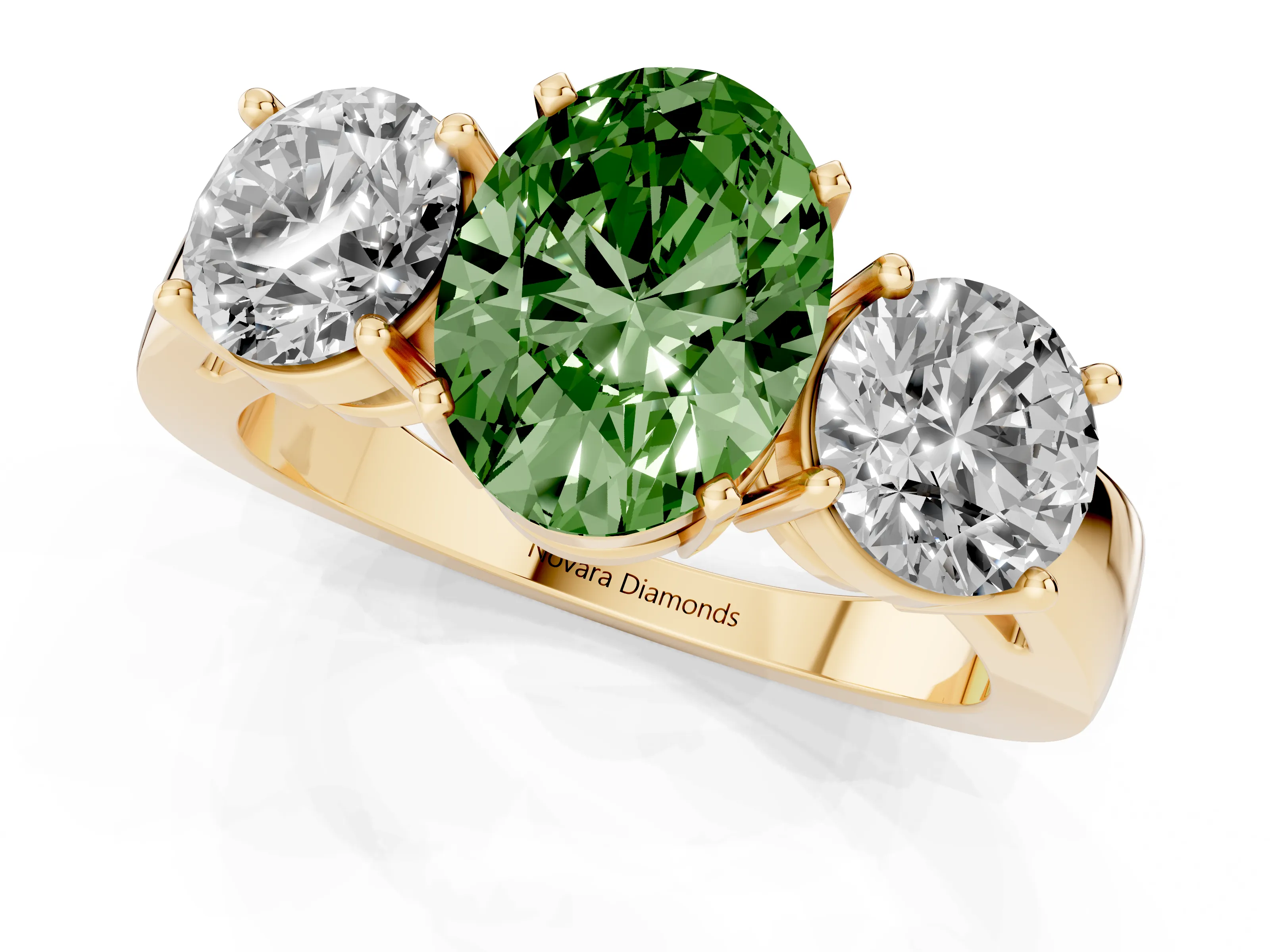 Fancy Green Oval Cut Diamond Three-Stone Ring Set in Yellow gold with Round Side Stones and Classic Band