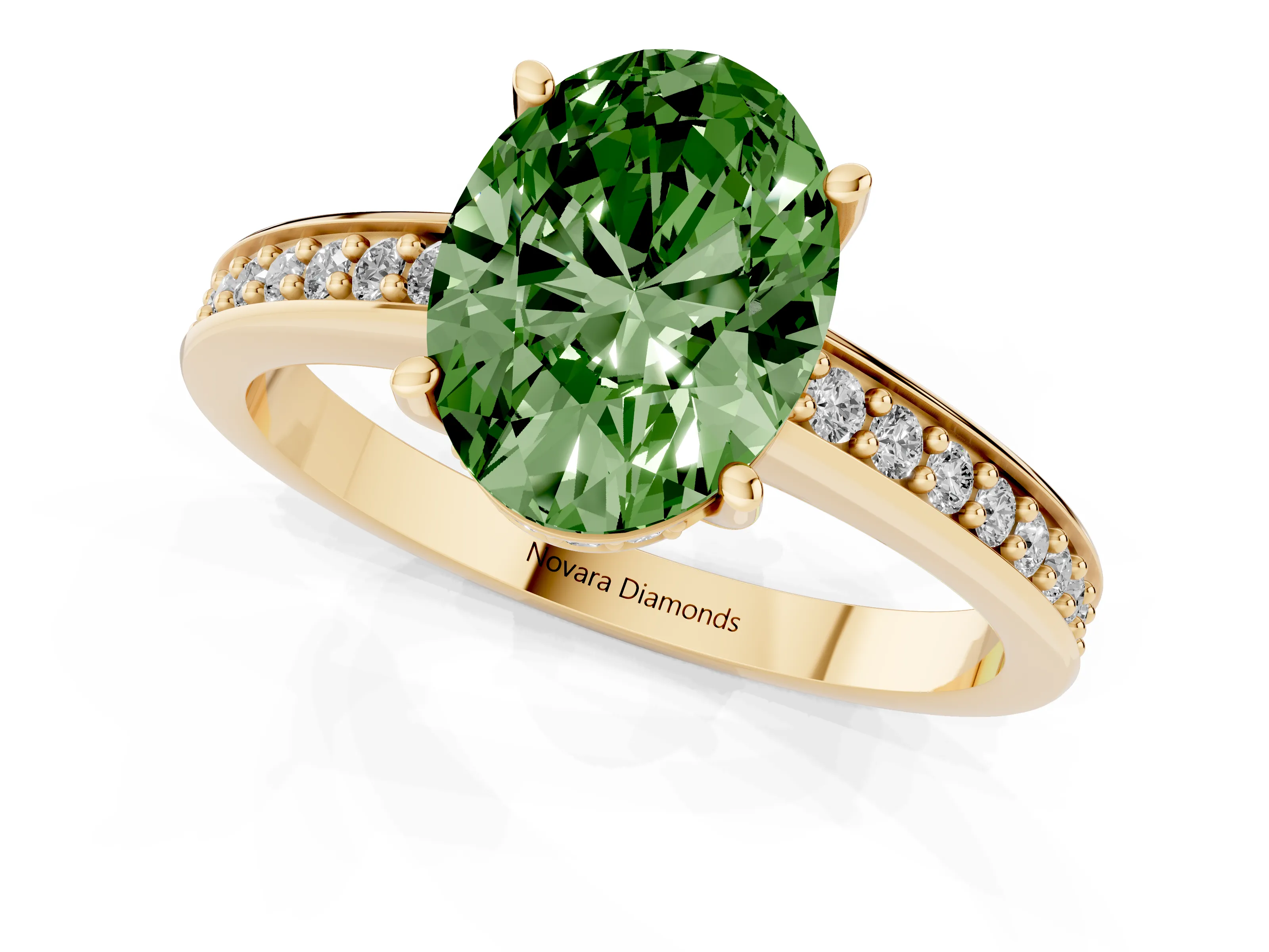 Fancy Green Oval Cut Diamond Pavé Band Prong Set Solitaire Ring Set in Yellow gold