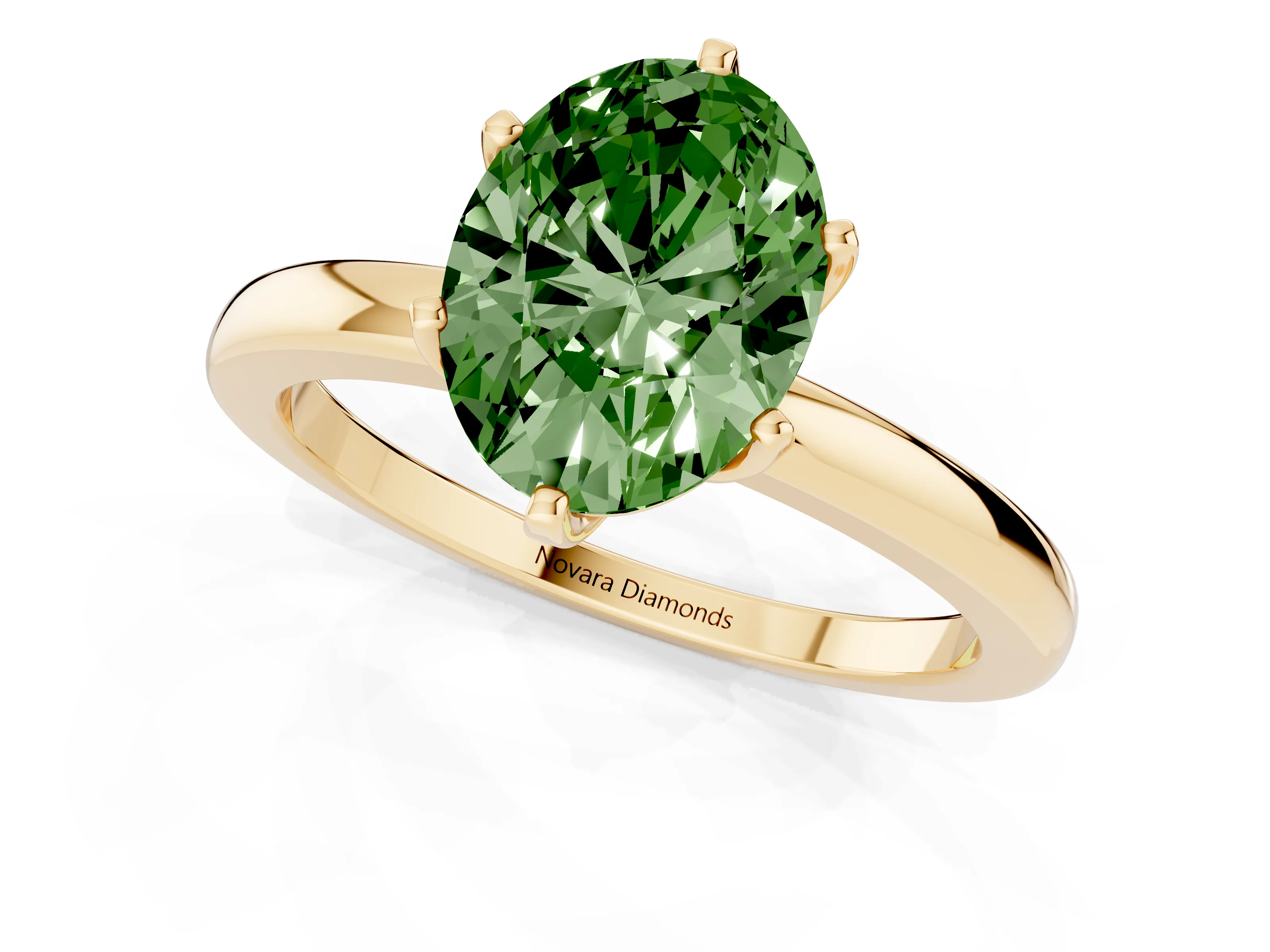 Fancy Green Oval Cut Diamond Solitaire Ring Set in Yellow gold with Raised Prong Setting on a Classic Band