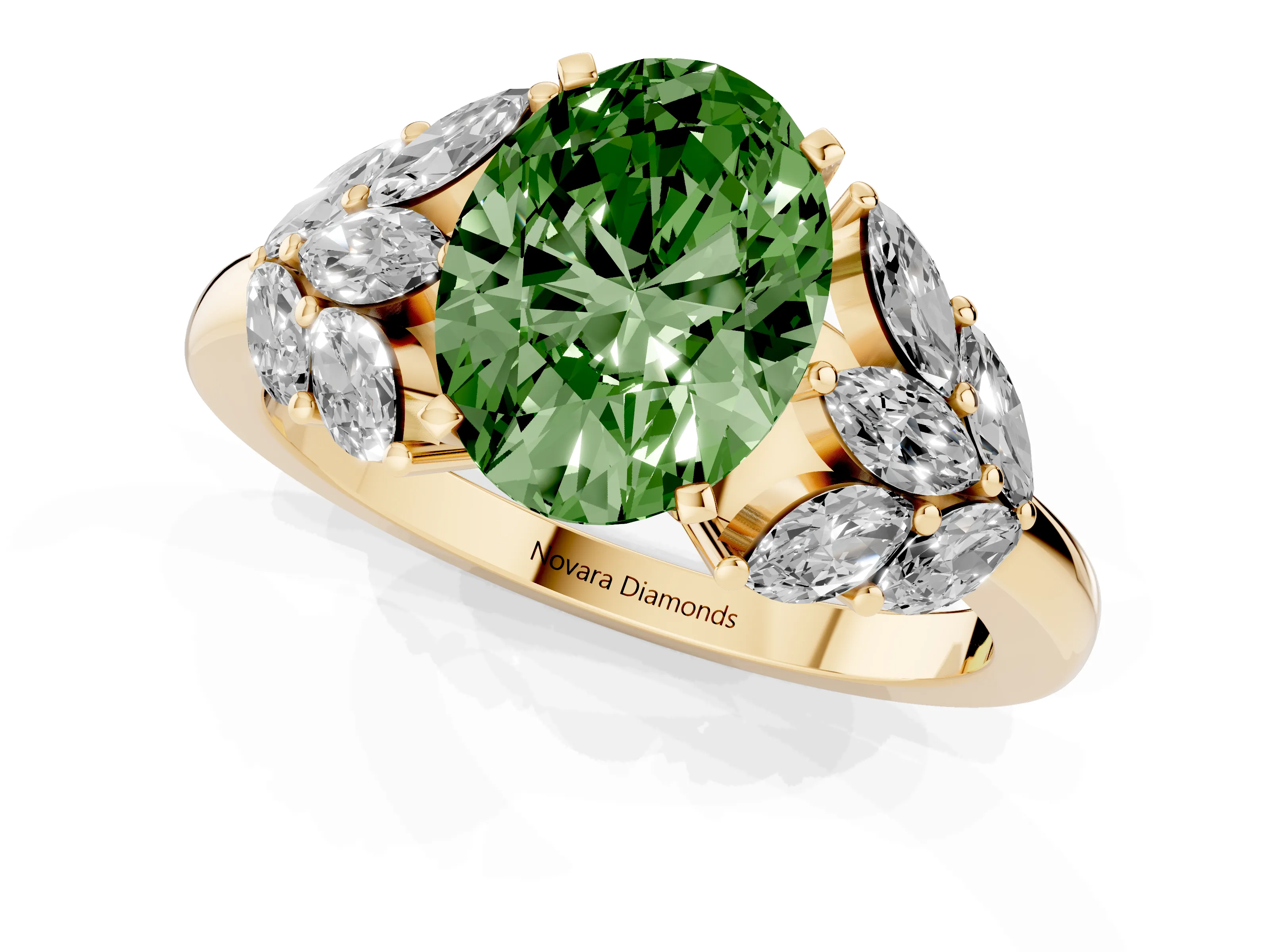 Fancy Green Oval Cut Diamond Cluster Leaf Design Ring Set in Yellow gold with Prong Setting