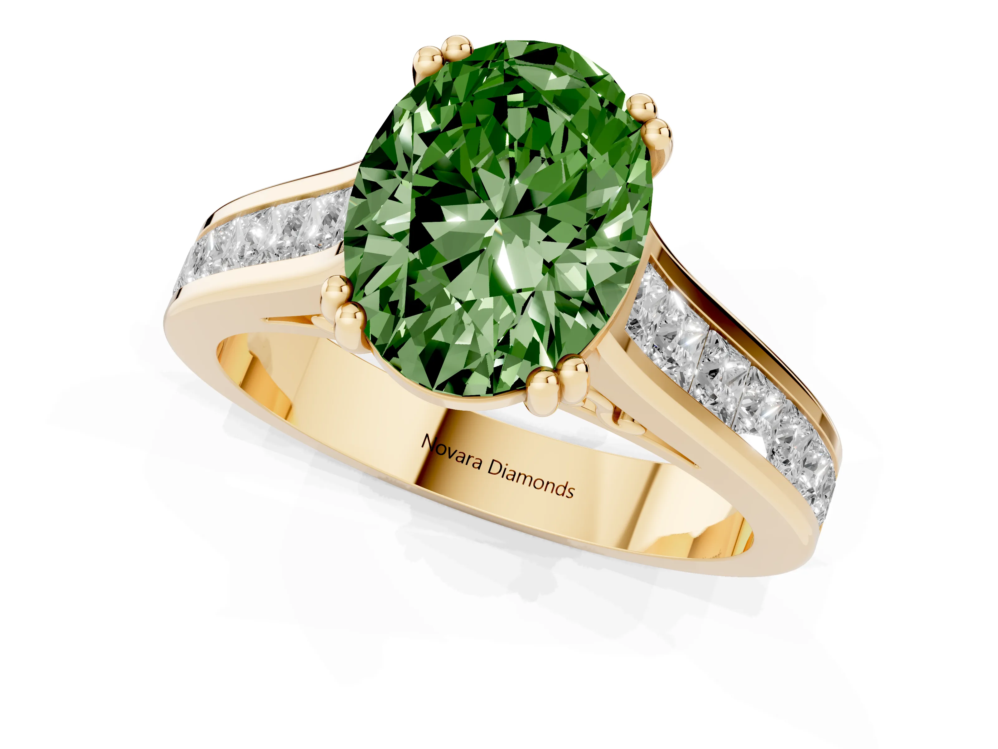 Fancy Green Oval Cut Diamond Channel Set Solitaire Engagement Ring Set in Yellow gold with Prong Setting