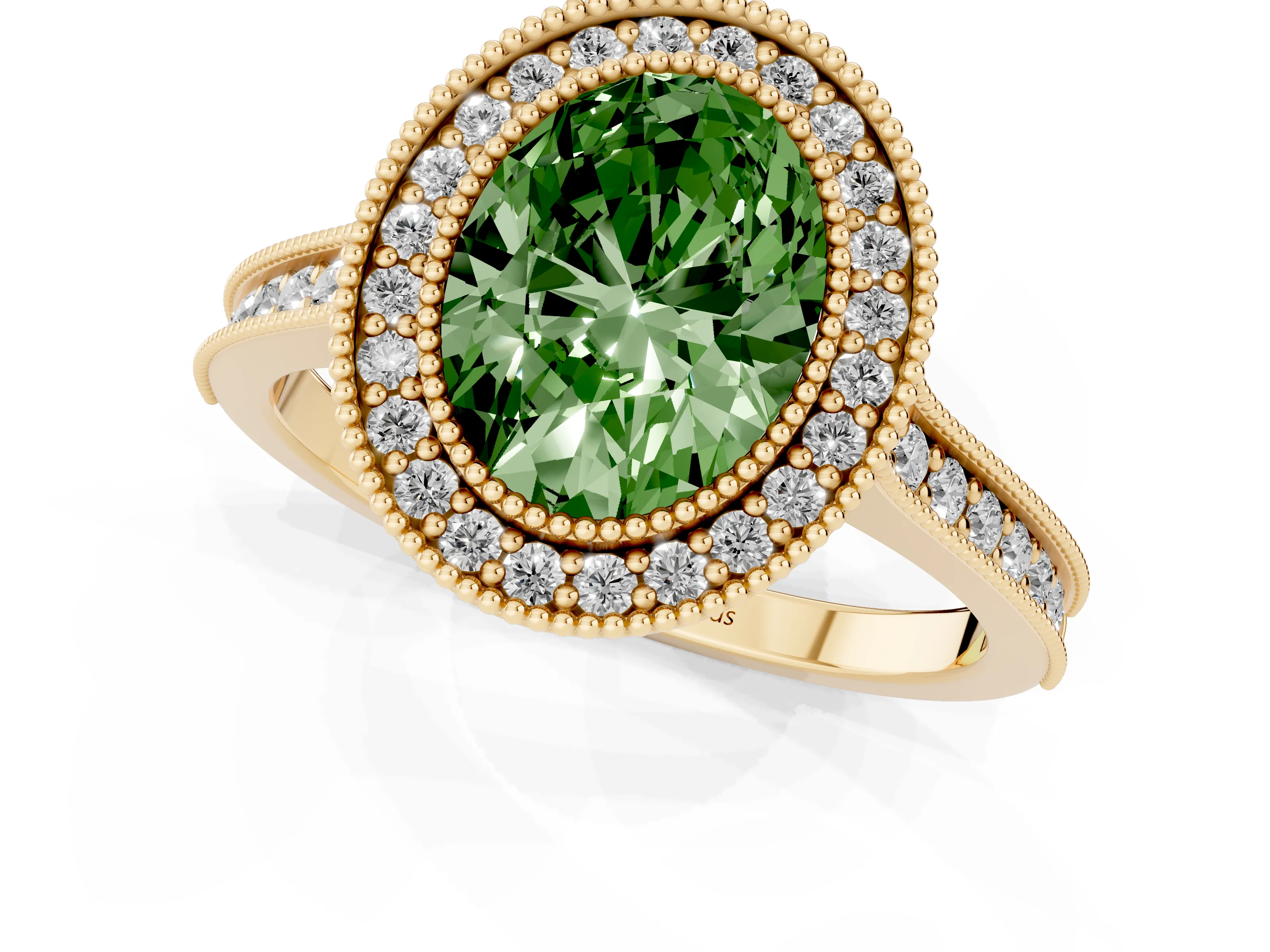 Fancy Green Oval Cut Diamond Halo Milgrain Pavé Band Ring Set in Yellow gold with Prong Setting