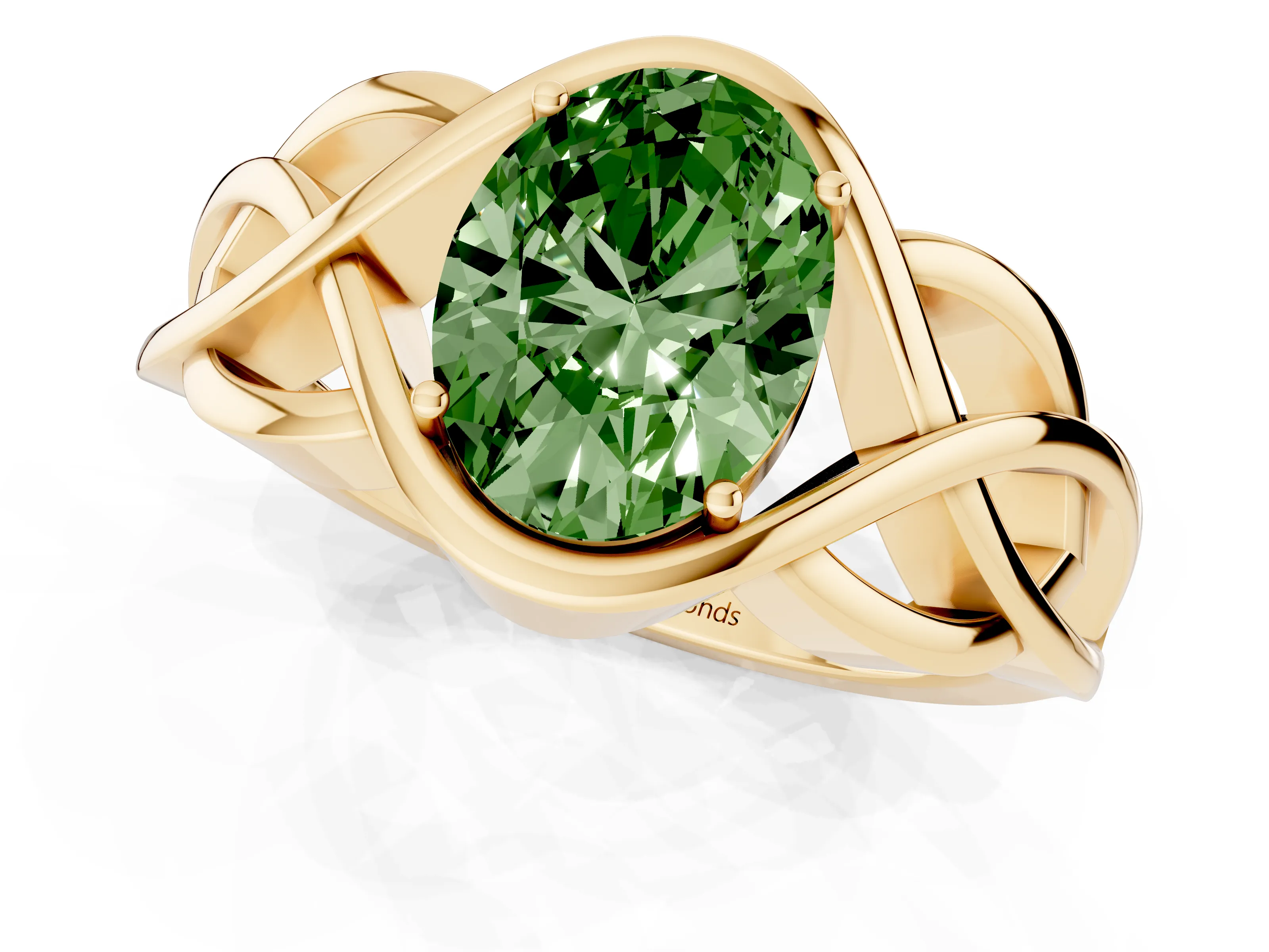 Fancy Green Oval Cut Diamond Solitaire Ring Set in Yellow gold with Intertwined Band