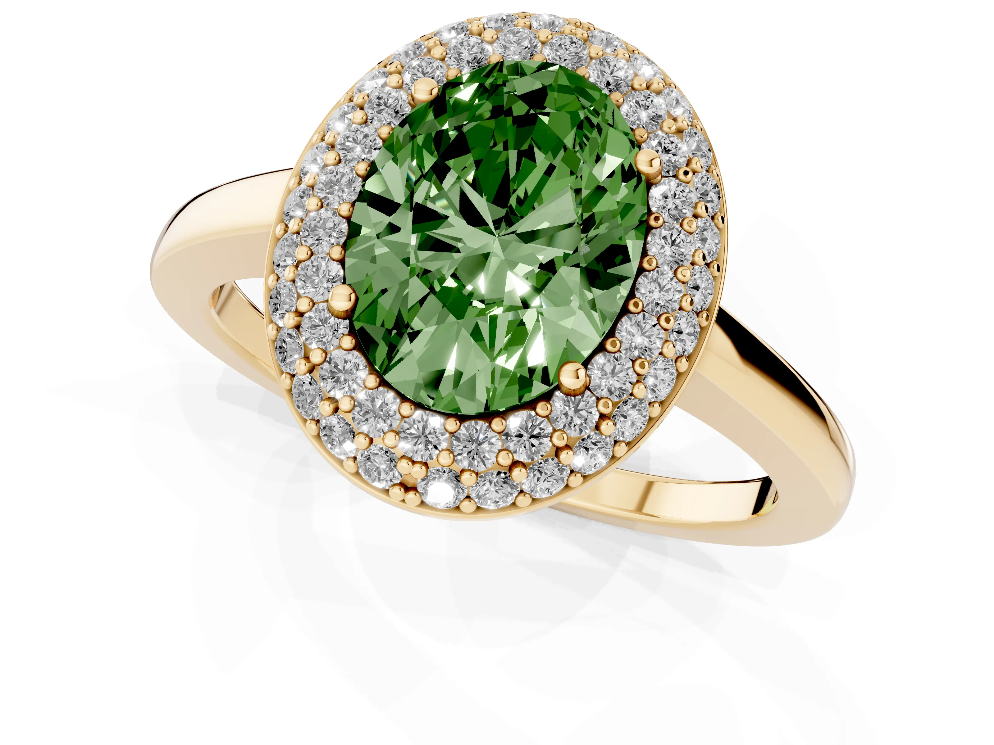 Fancy Green Oval Cut Diamond Halo Engagement Ring Set in Yellow gold with Solitaire Band and Prong Setting