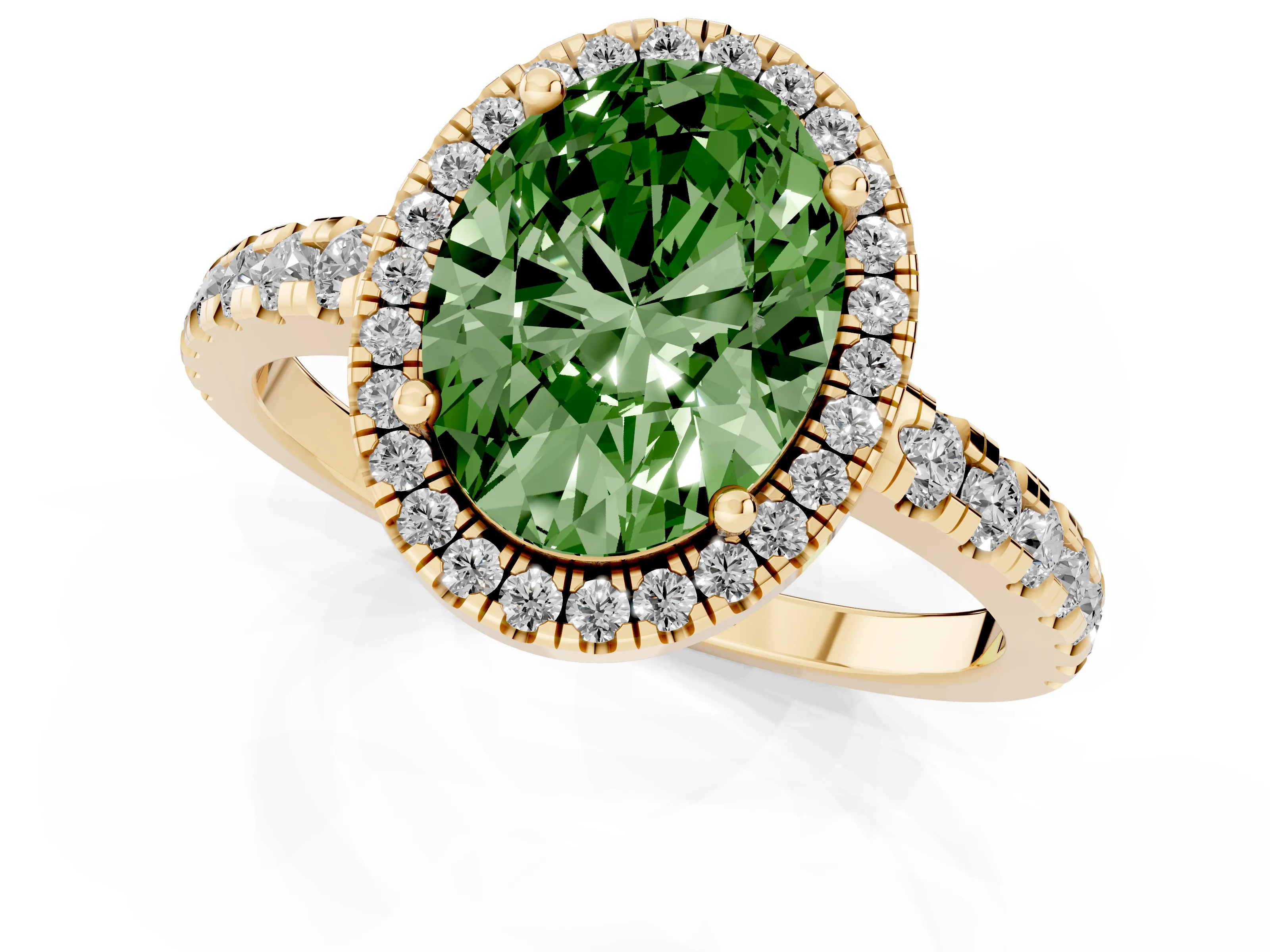 Fancy Green Oval Cut Diamond Halo Ring Set in Yellow gold with Delicate Pavé Band and Prong Setting