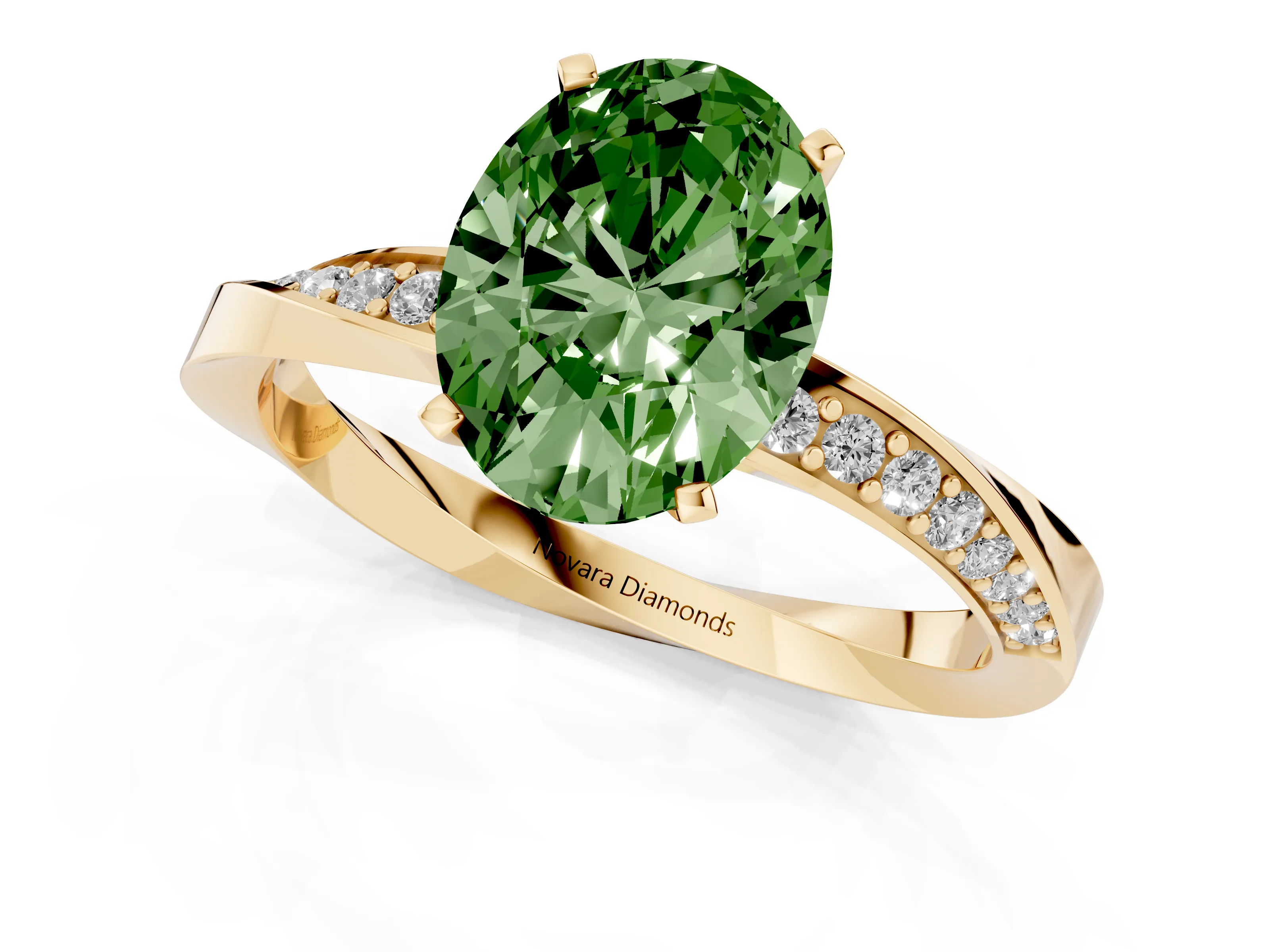 Fancy Green Oval Cut Diamond Engagement Ring Set in Yellow gold with Side Stone Accents and Prong Setting