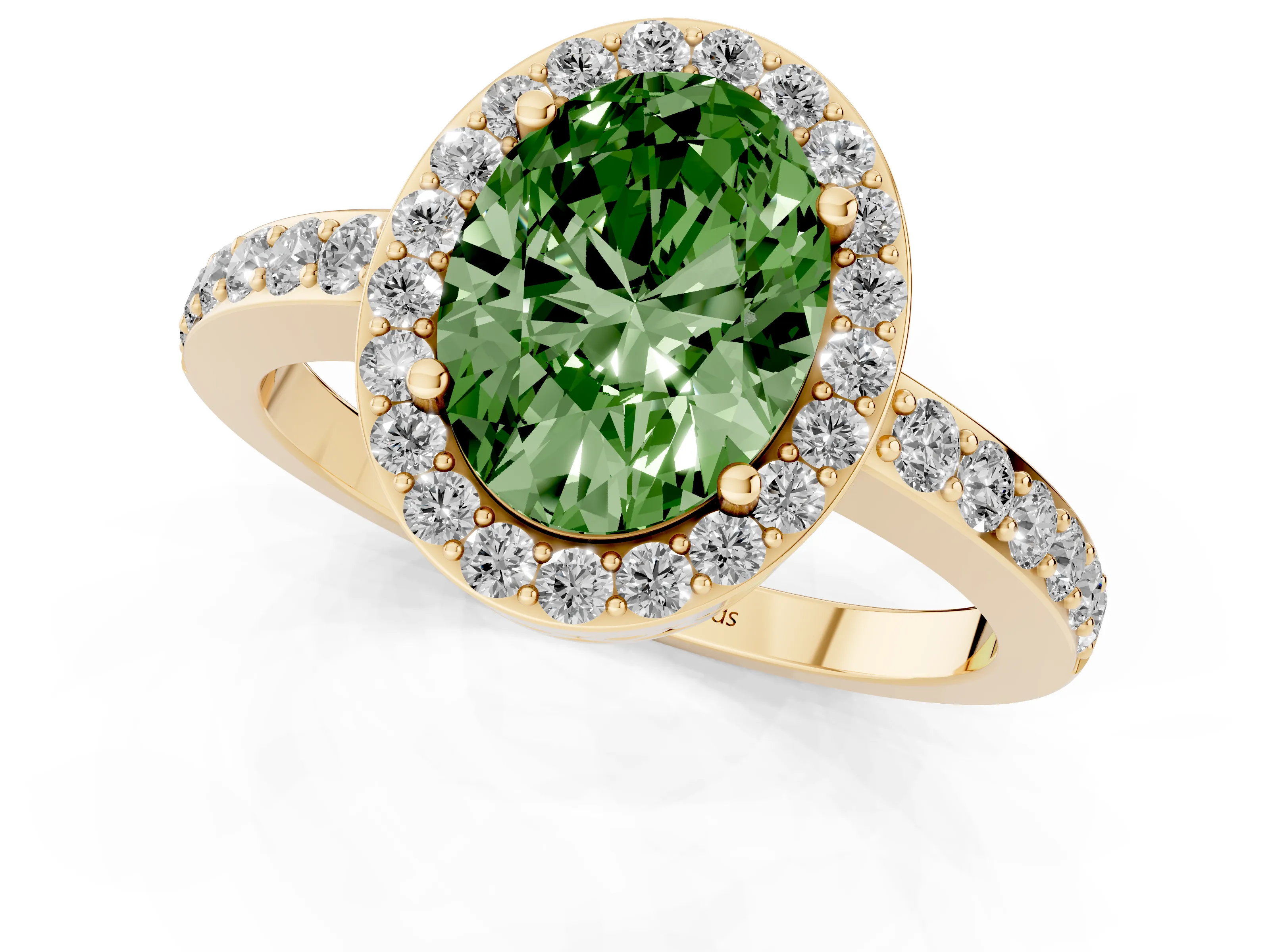 Fancy Green Oval Cut Diamond Halo Ring Set in Yellow gold with Pavé-Setting Band and Open Prong Center