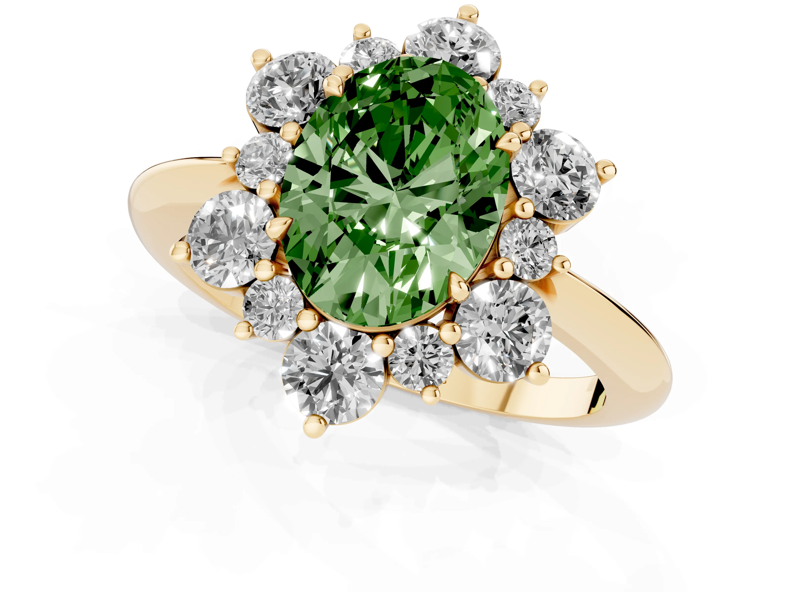 Fancy Green Oval Cut Diamond Cluster Halo Ring Set in Yellow gold with Solitaire Band and Prong Setting