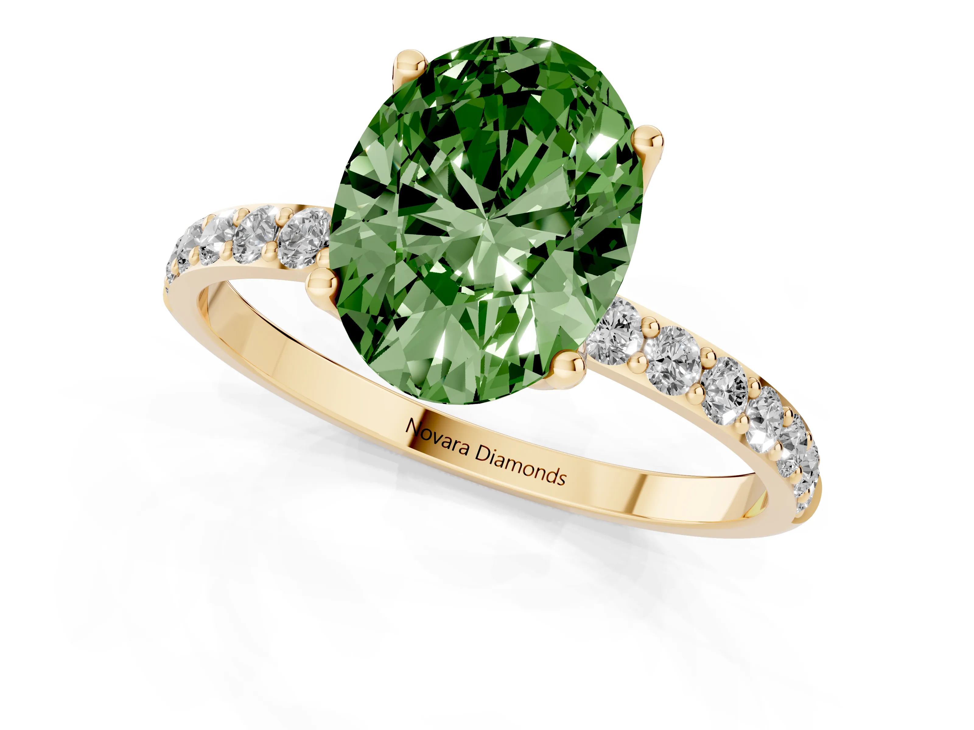 Fancy Green Oval Cut Diamond Solitaire Engagement Ring Set in Yellow gold with Round Pavé Band and Prong Setting