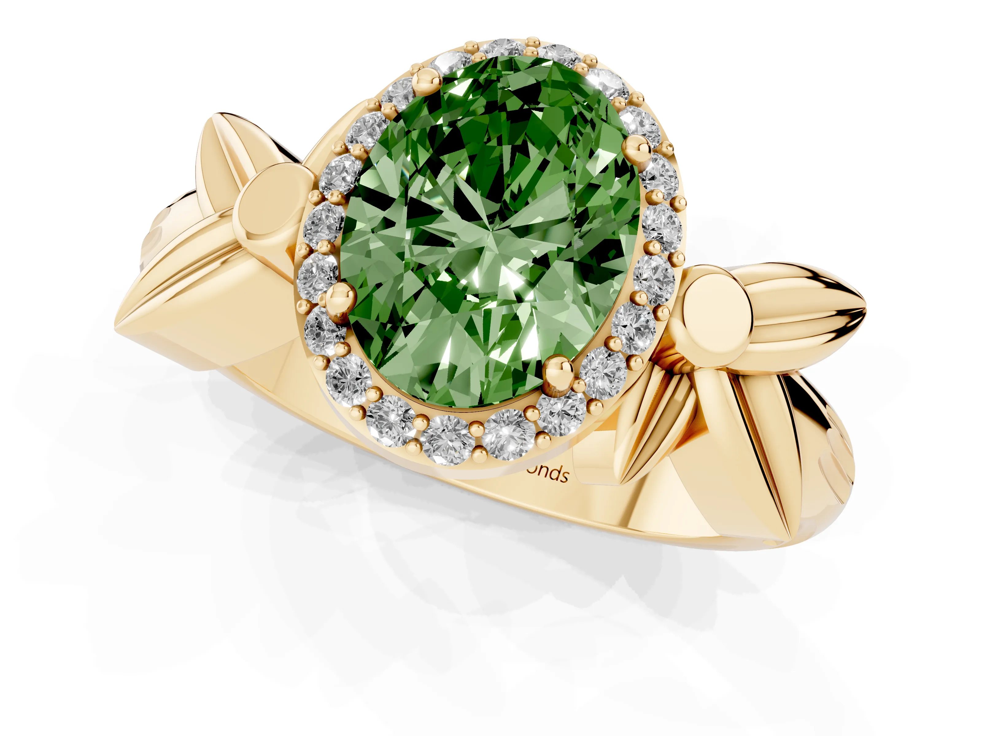 Fancy Green Oval Cut Diamond Halo Floral Band Ring Set in Yellow gold with Prong Setting